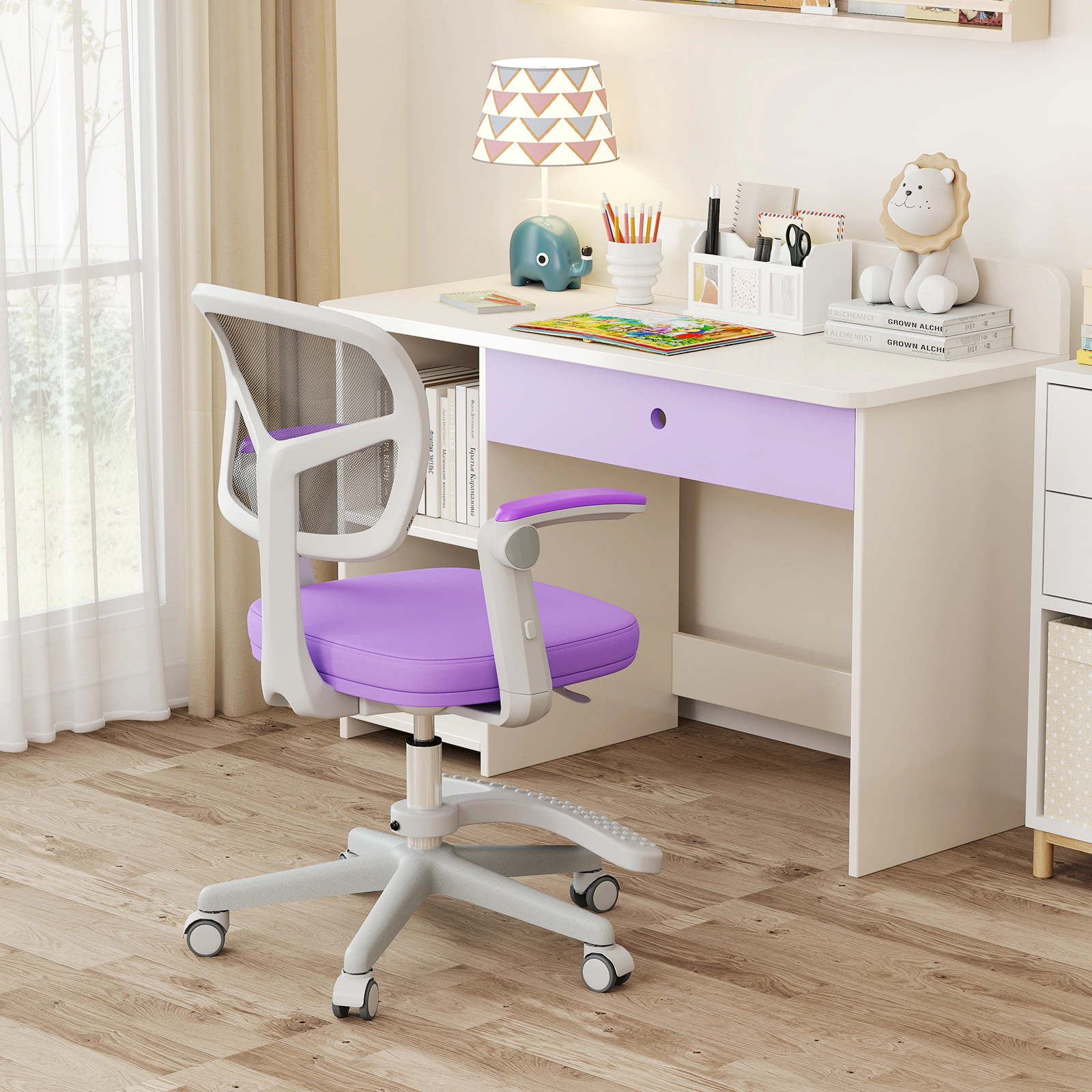 SUGIFT Purple Kids Ergonomic Desk Chair with Adjustable Footrest and Flip-Up Arms