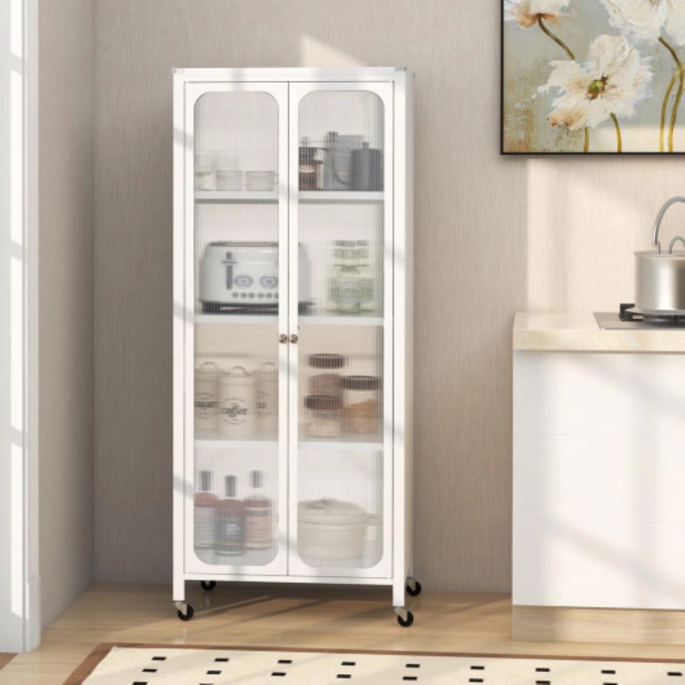 Hivvago Glass Doors Storage Cabinet With Wheels And Adjustable Shelves-White