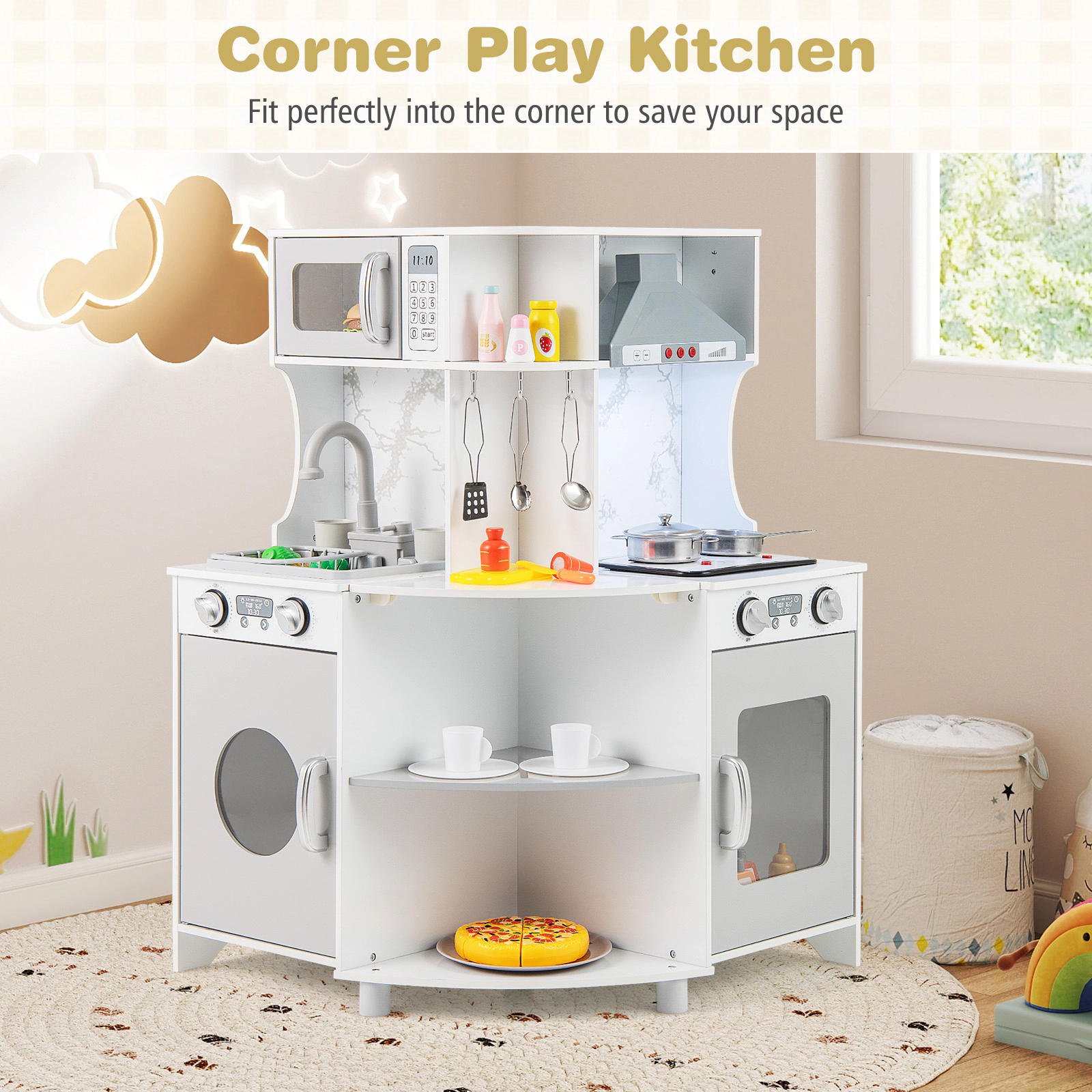 LJG Kids Corner Wooden Play Kitchen with Range Hood and Stoves