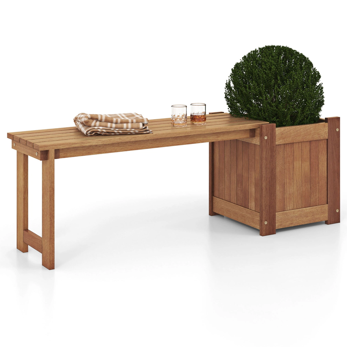 SUGIFT 54-In Solid Wood Planter Bench, 220-Lb Capacity, Natural Teak Finish