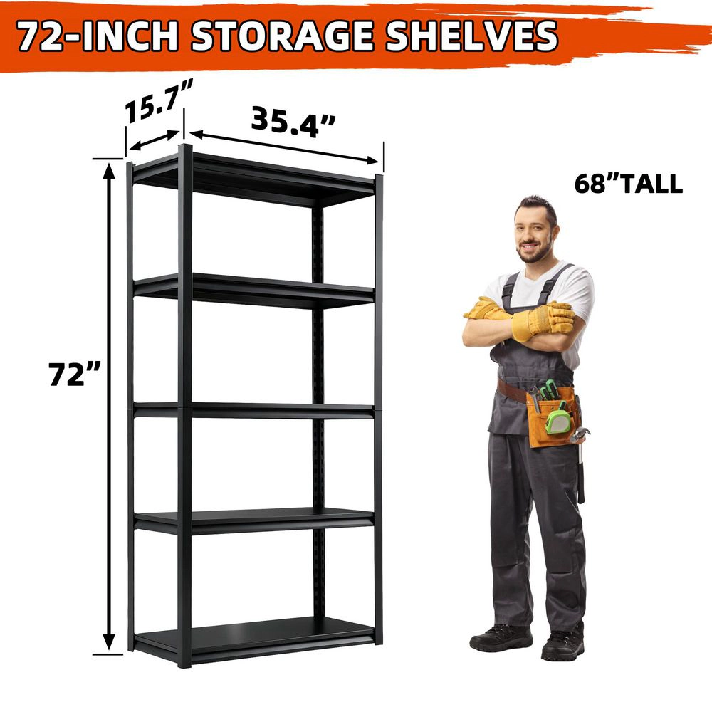 Flynama 5-Tier Boltless Garage Shelving, Heavy Duty Steel, Adjustable, Black (35.4"W x 72"H x 15.7"D)