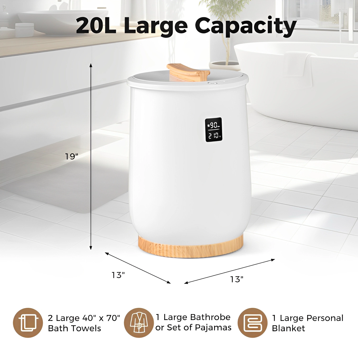 SUGIFT 20L 1-Button Control LED Display 4 Timer Settings Towel Warmer Bucket 13-in x 13-in x 19-in 450W White