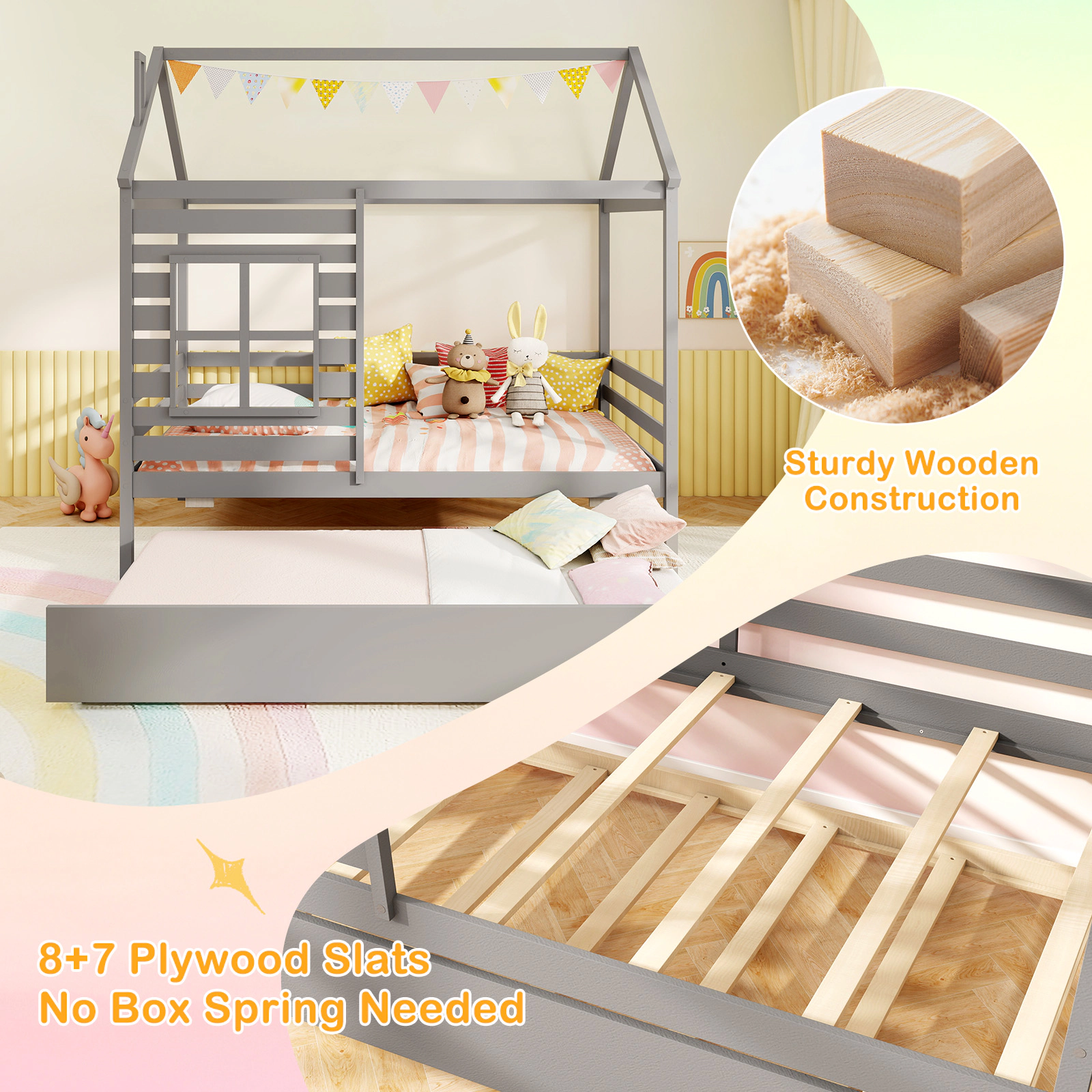 SUGIFT Twin House Bed with Trundle, Roof, Chimney, Window and Guardrails, Gray