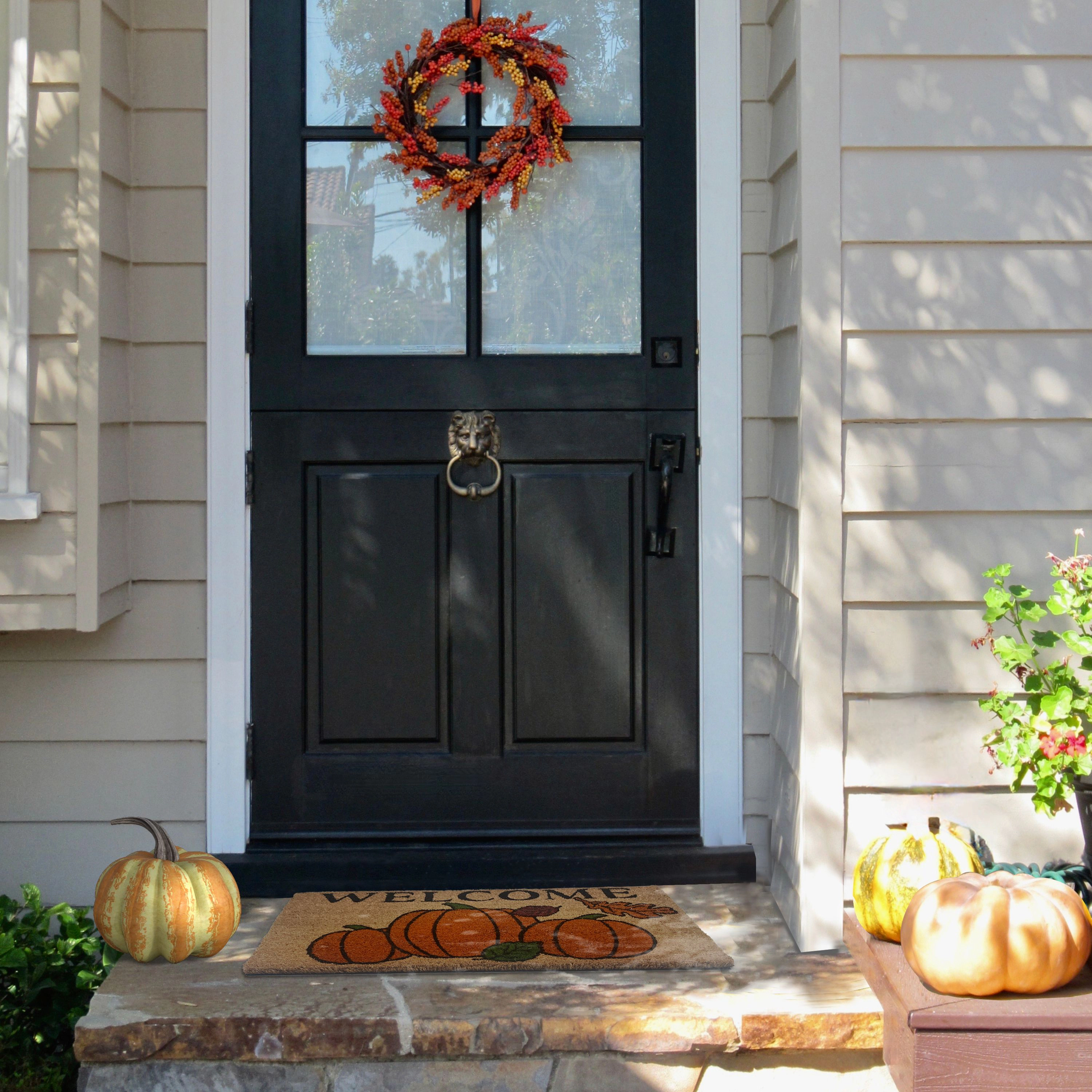 Kate Aurora Fall Autumn Foliage & Pumpkins Bristled Outdoor All Season Welcome Mat - 18"x30"