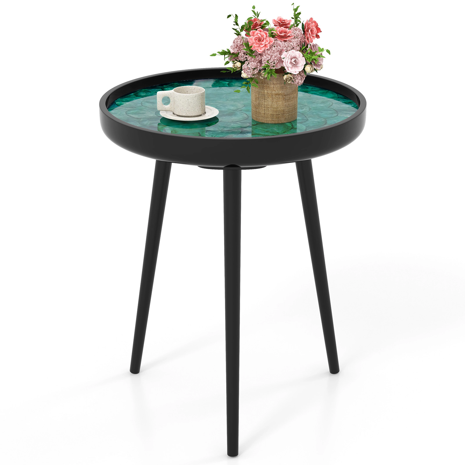 Glintex 16-Inch Handmade Sea Shell End Table with Epoxy Resin Top and Mahogany Legs, Green