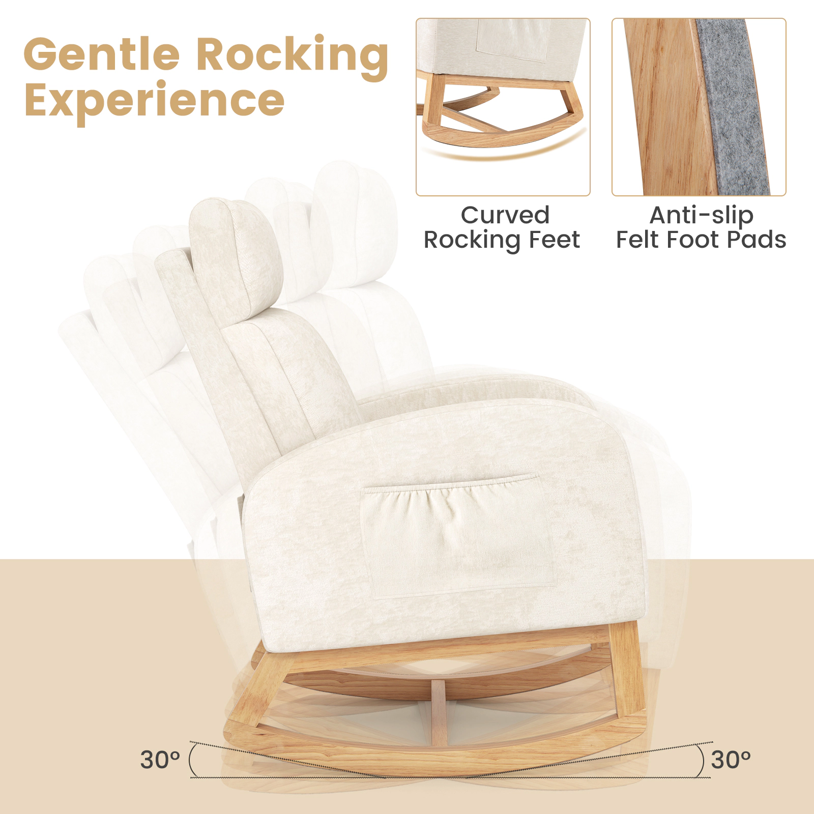 LJG Nursery Rocking Chair Upholstered Chenille Rocker Armchair with Natural Rubber Wood Frame