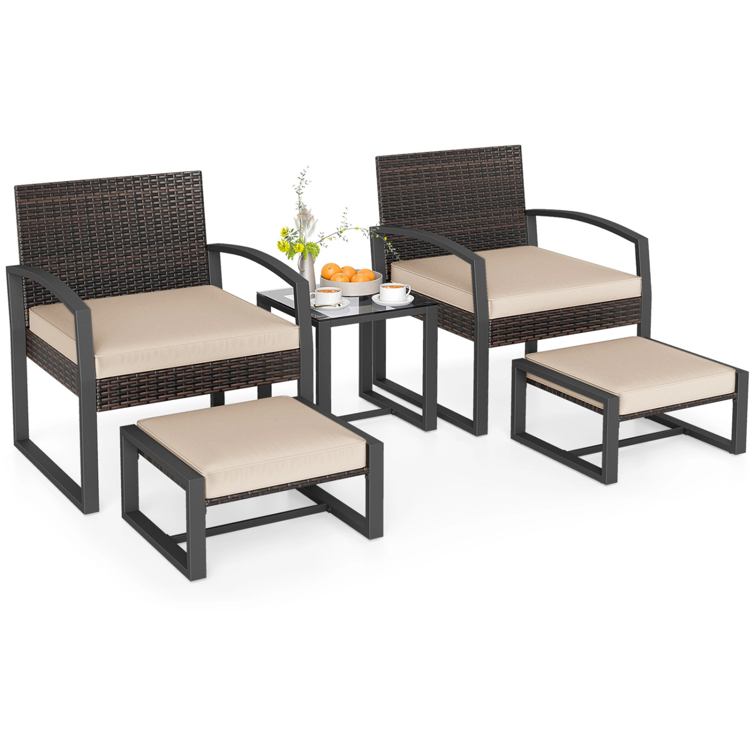 LJG 5-Piece Patio Conversation Set with 2 Ottomans and Tempered Glass Side Table