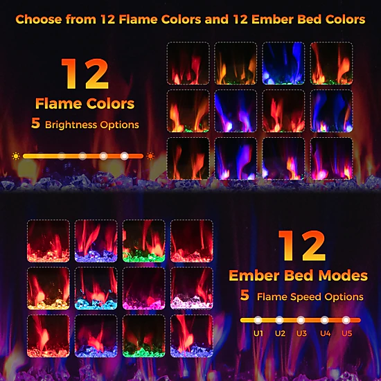 SUGIFT 40-Inch 5100 BTU Recessed or Wall-Mounted Electric Fireplace, 12 Flame and Ember Bed Colors