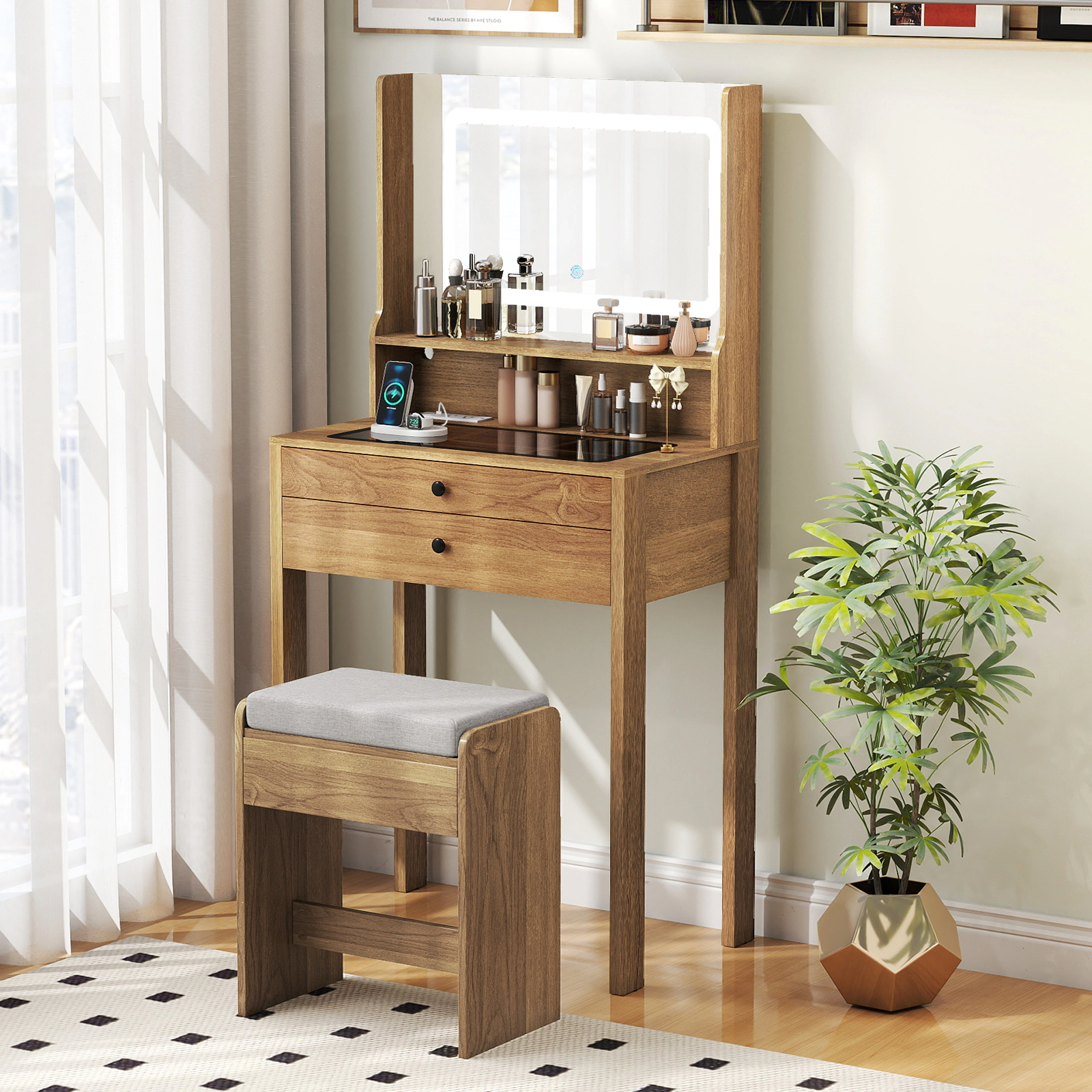 LJG Small Vanity Desk with Mirror and Lights for Bedroom