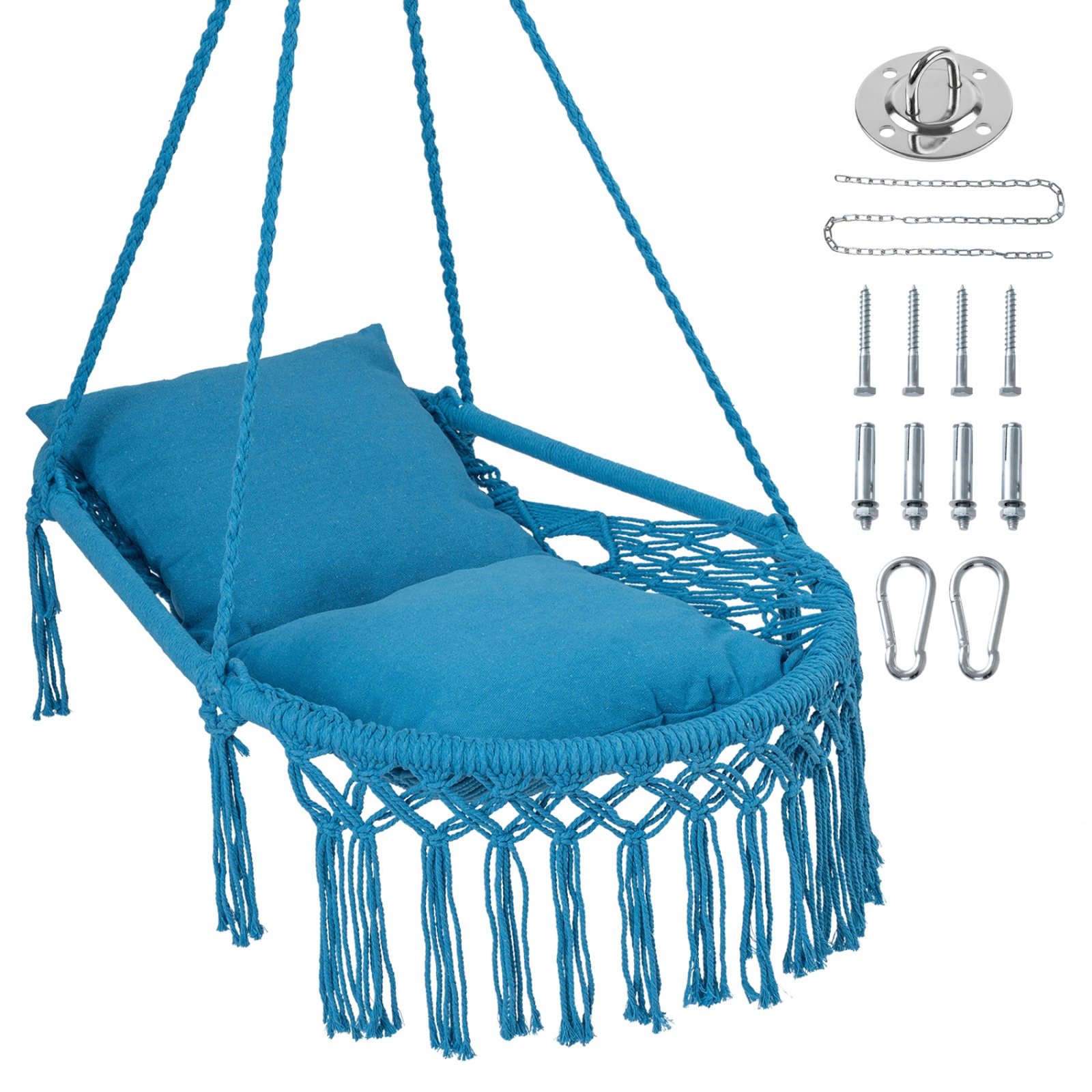 SUGIFT Macrame Swing Hammock Chair Metal Frame 330-lb Capacity 2 Removable Cushions 39-in Wide Beige Black Gray Blue