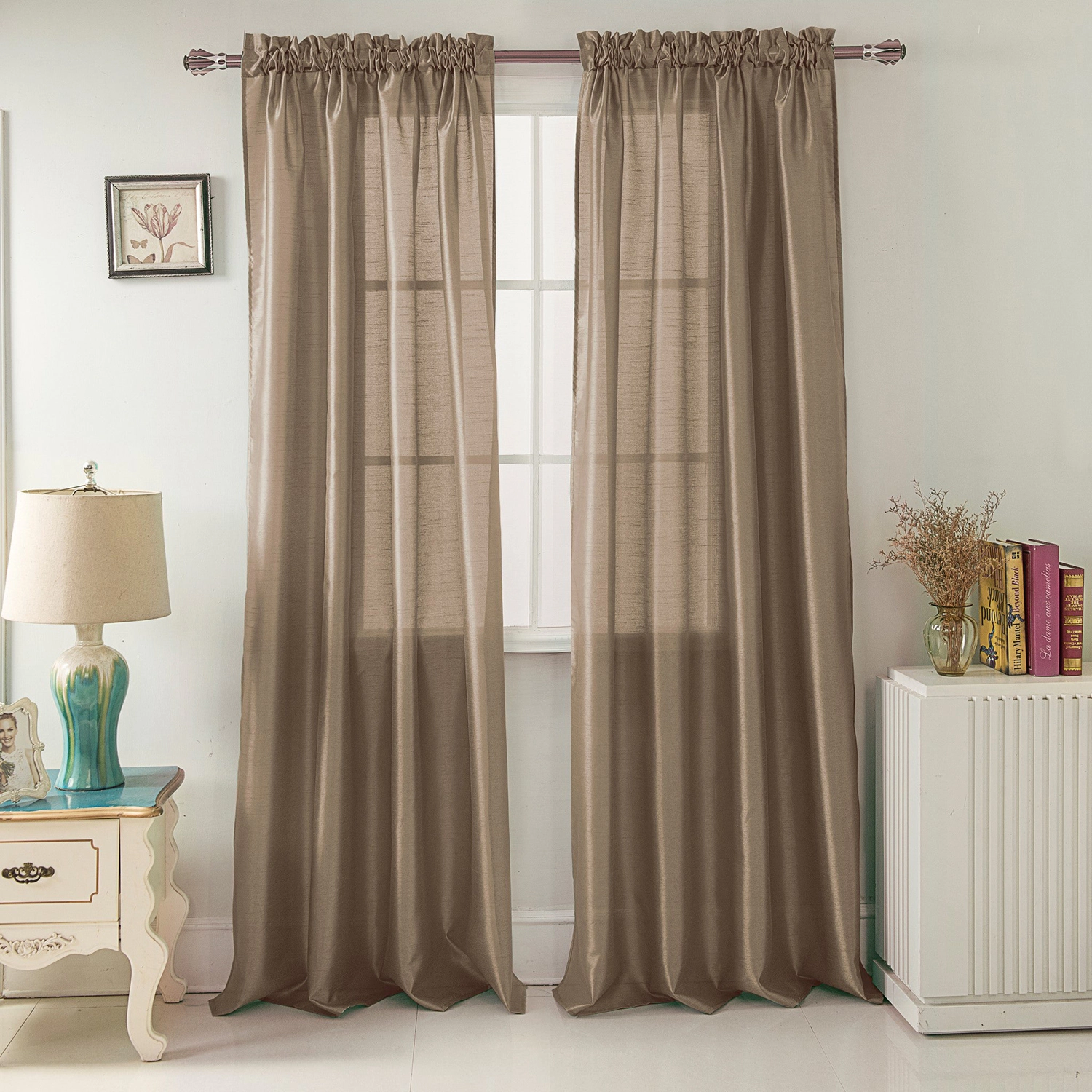 RT Designers Collection 100% Polyester 82 GSM Faux Silk Nikki Rod Pocket Curtain Panel 54" x 84" Taupe