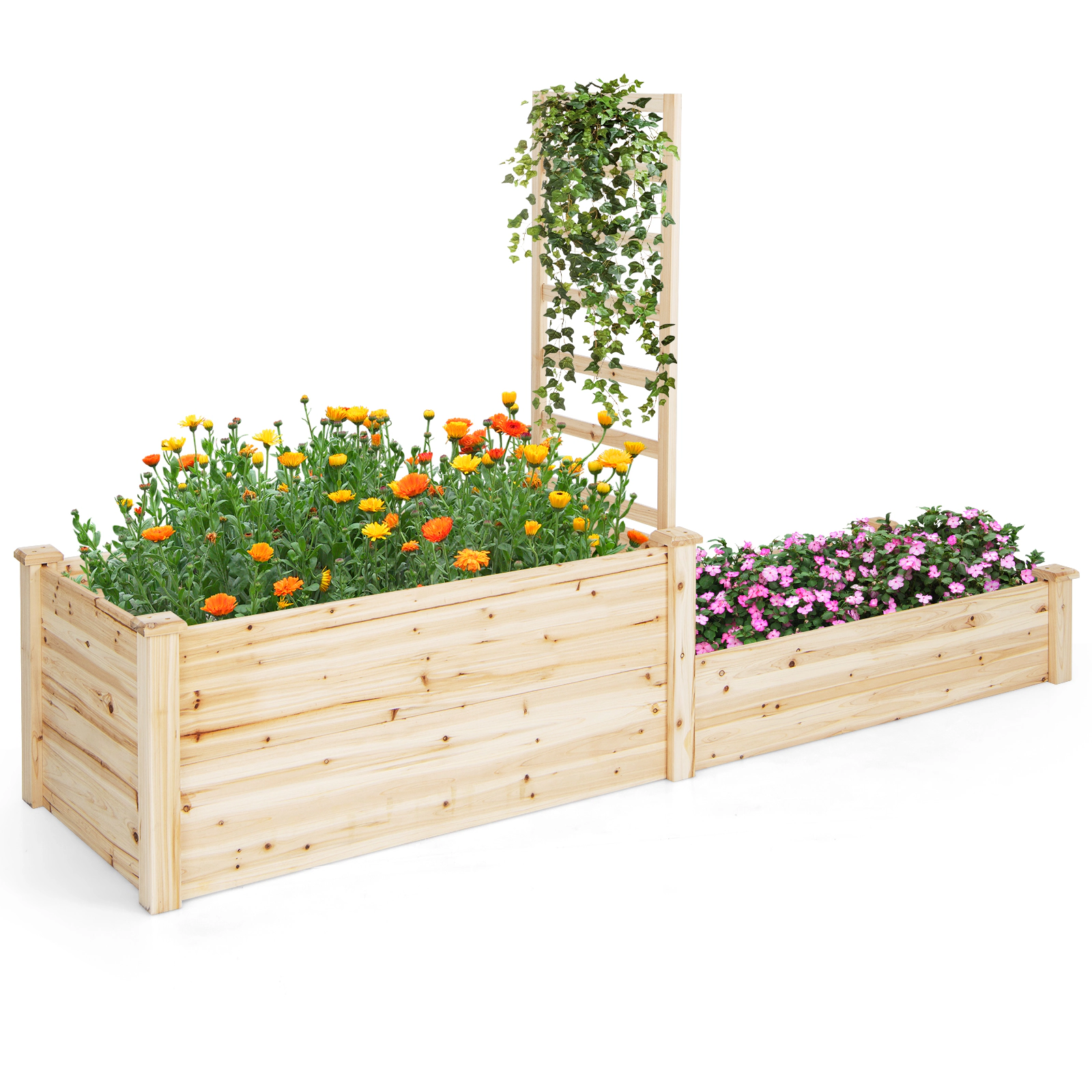 SUGIFT Raised Fir Wood Garden Bed with Trellis and Dual Planter Boxes 53-in Tall Natural