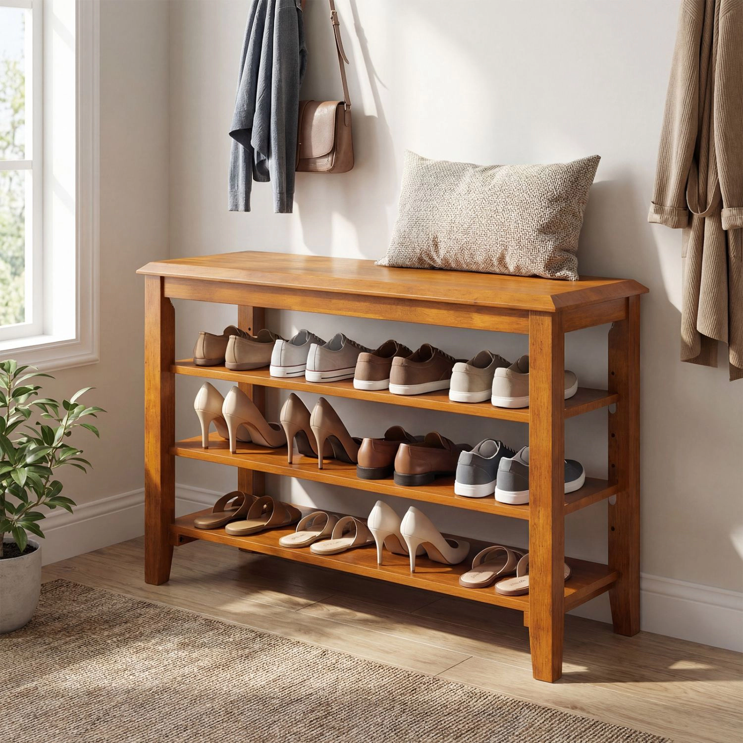 SlickBlue 3-Tier Wooden Shoe Rack Bench with Adjustable Shelves