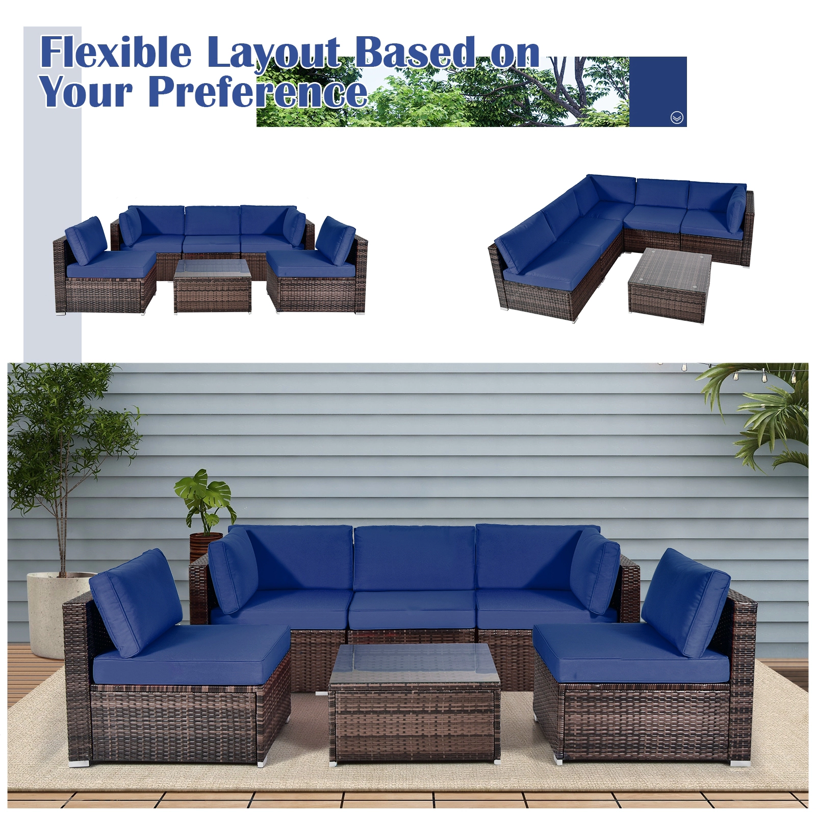 SUGIFT 6-Piece Navy Patio Wicker Sectional Set with 25.5-in Glass Coffee Table 12.5-in Seat H 400-lb Sofa Capacity