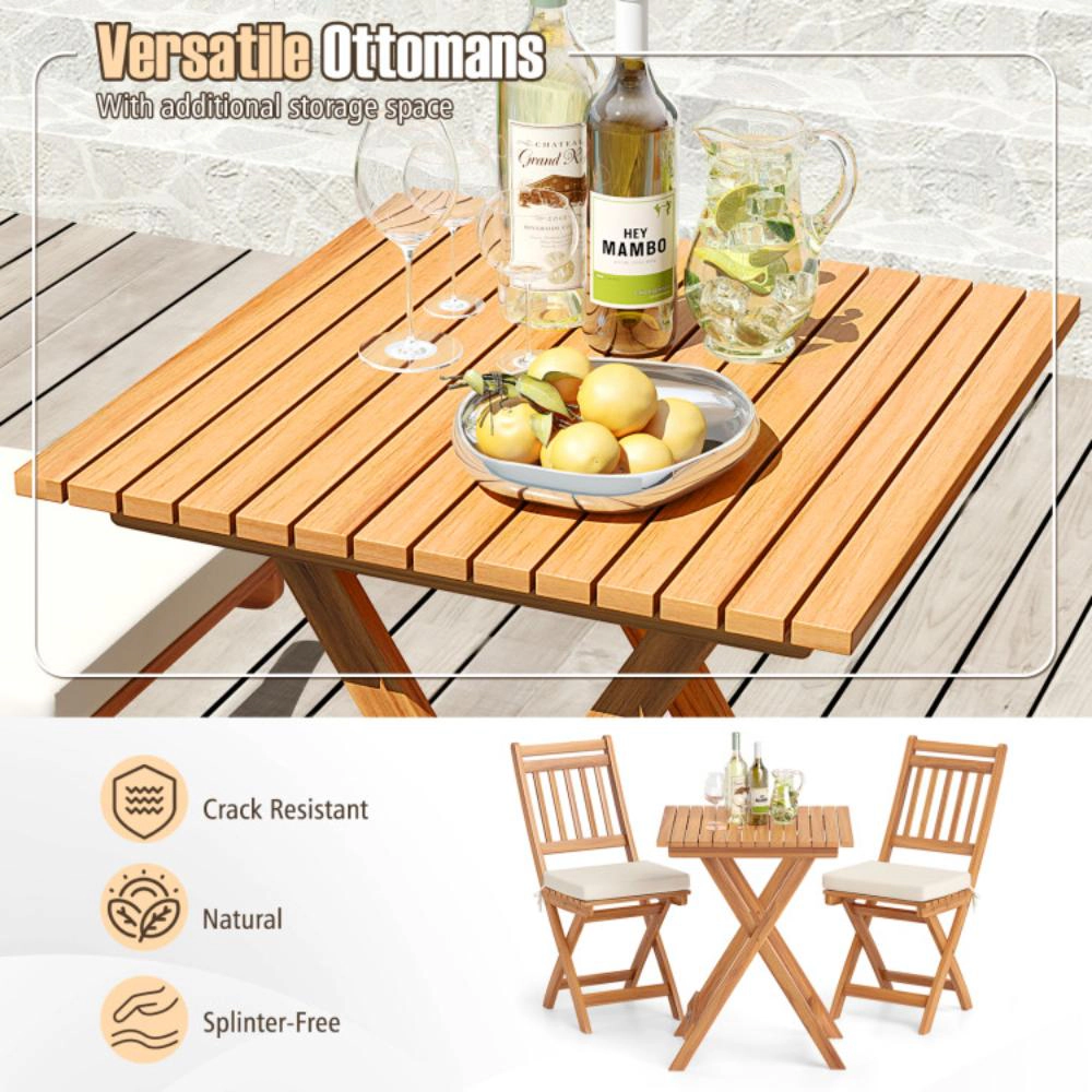 Hivvago Outdoor Wood Bistro Set With Soft Seat Cushions And Table-White