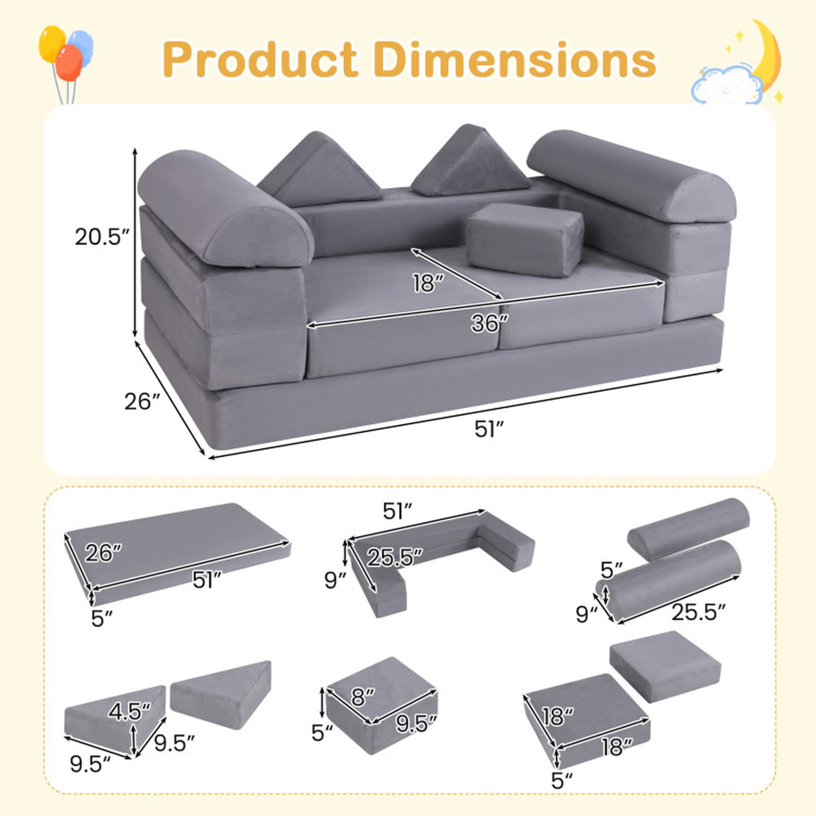 SUGIFT 9-Piece Gray Suede Stackable Foam Climbing Blocks and Crawl Playset with Machine Washable Covers