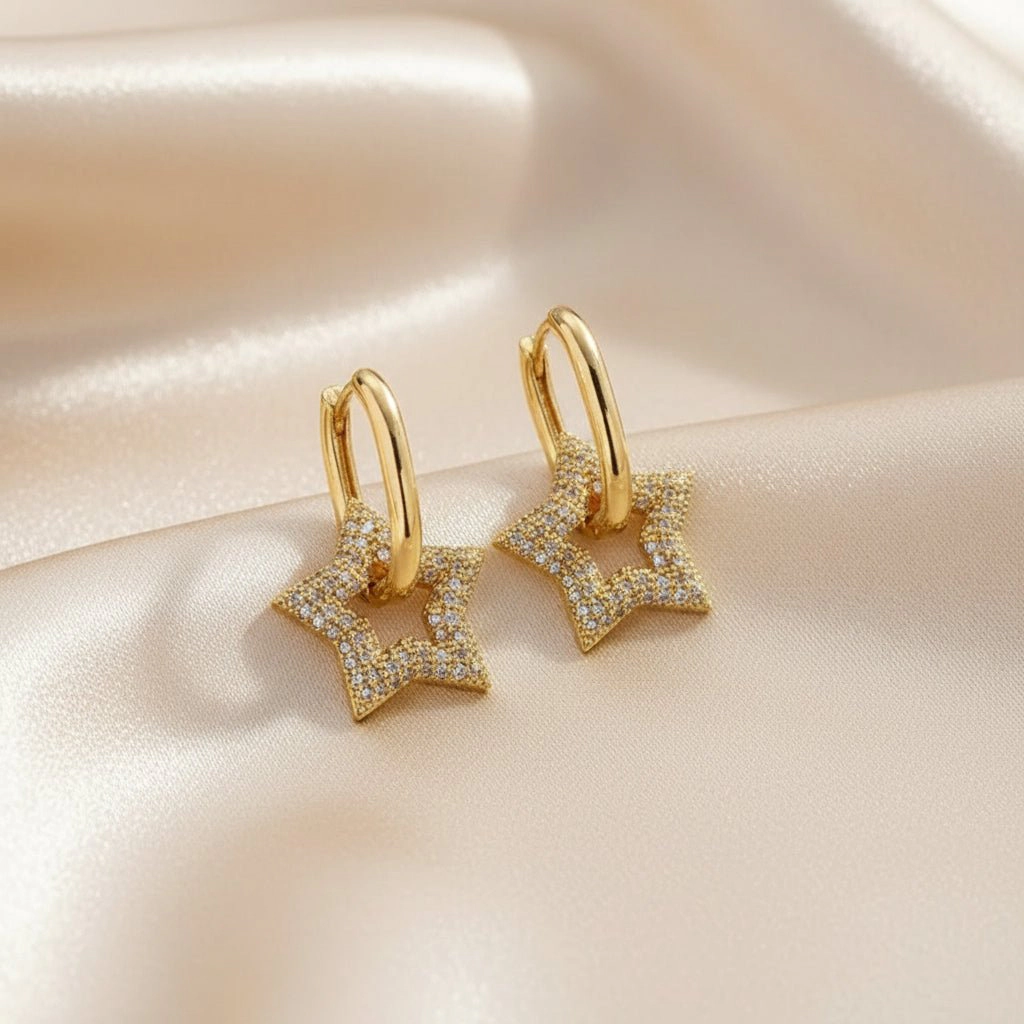 DressAtR Women's Star Zircon Gold Tone Drop Earrings