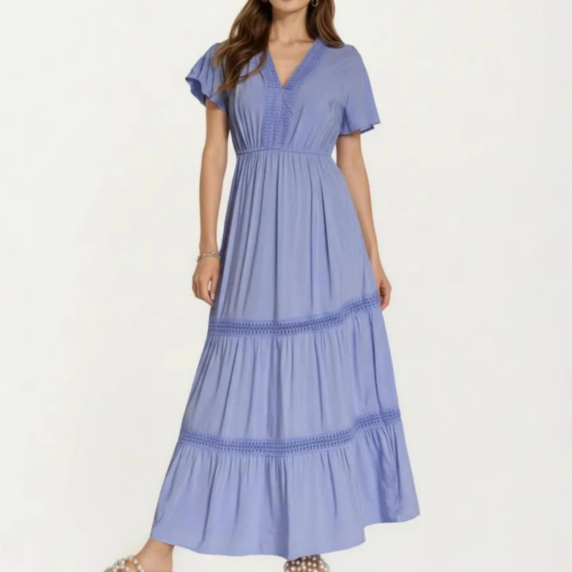 Anna-Kaci Women's Short Sleeve V Neck Tiered Skirt Detail Relaxed Fit Flowy Silhouette Maxi Dress