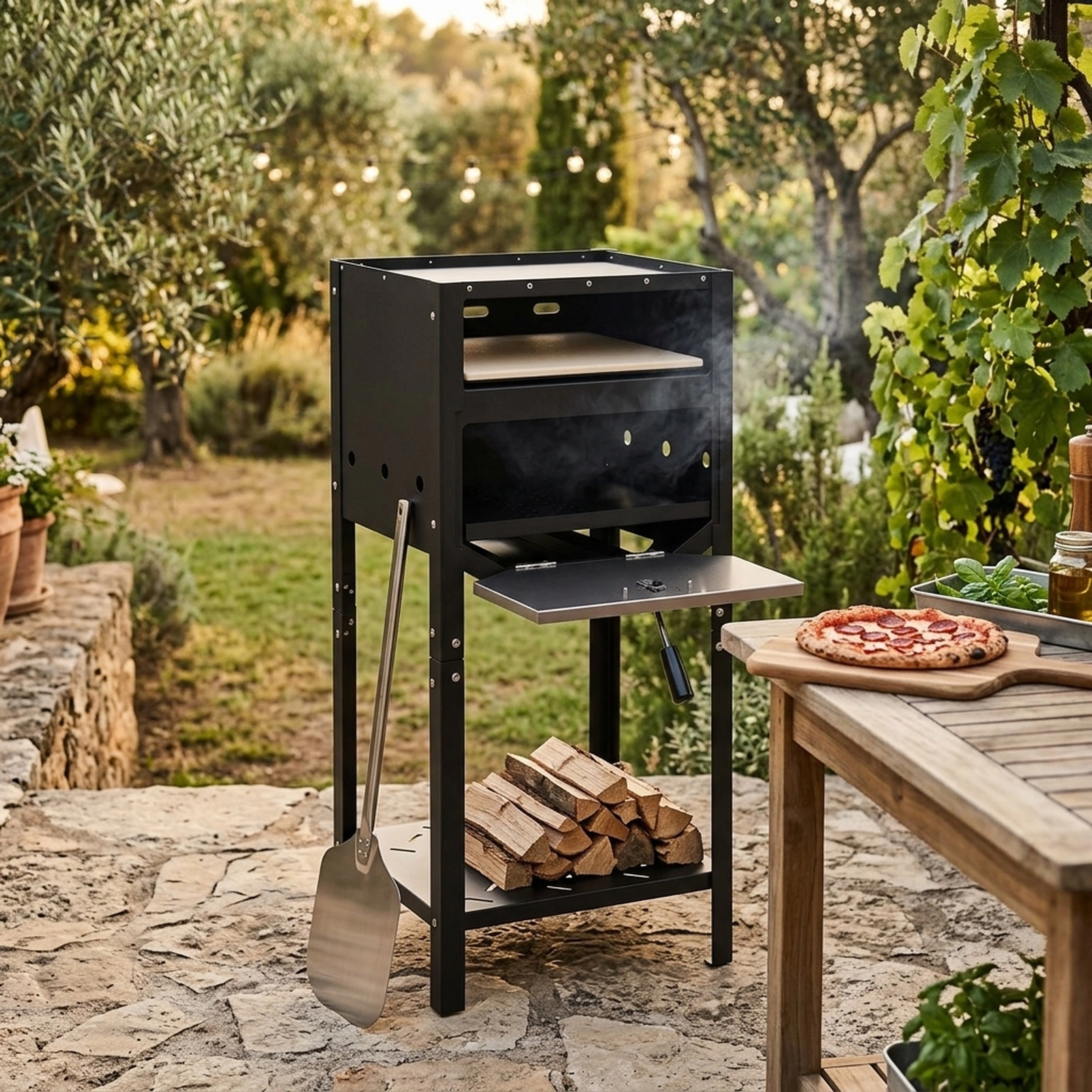 SUGIFT 12-in Outdoor Pizza Oven Ash Tray Wood Storage Shelf Pizza Stone Peel 950 F Max 15 x 12.5 x 34-in 29-lb Black