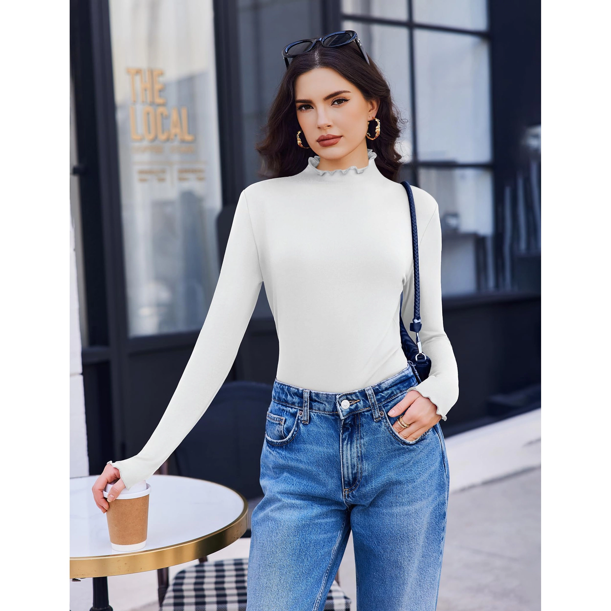 Ekouaer Women's Lettuce Edge Mock Neck Long Sleeve T-Shirt