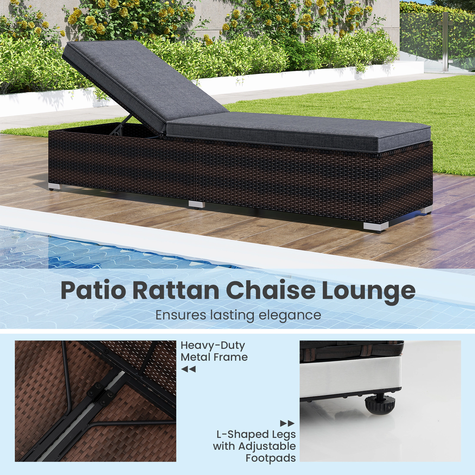 Hivvago Patio Wicker Lounge Chair With 4-Level Backrest And Long Seat Cushion-Brown