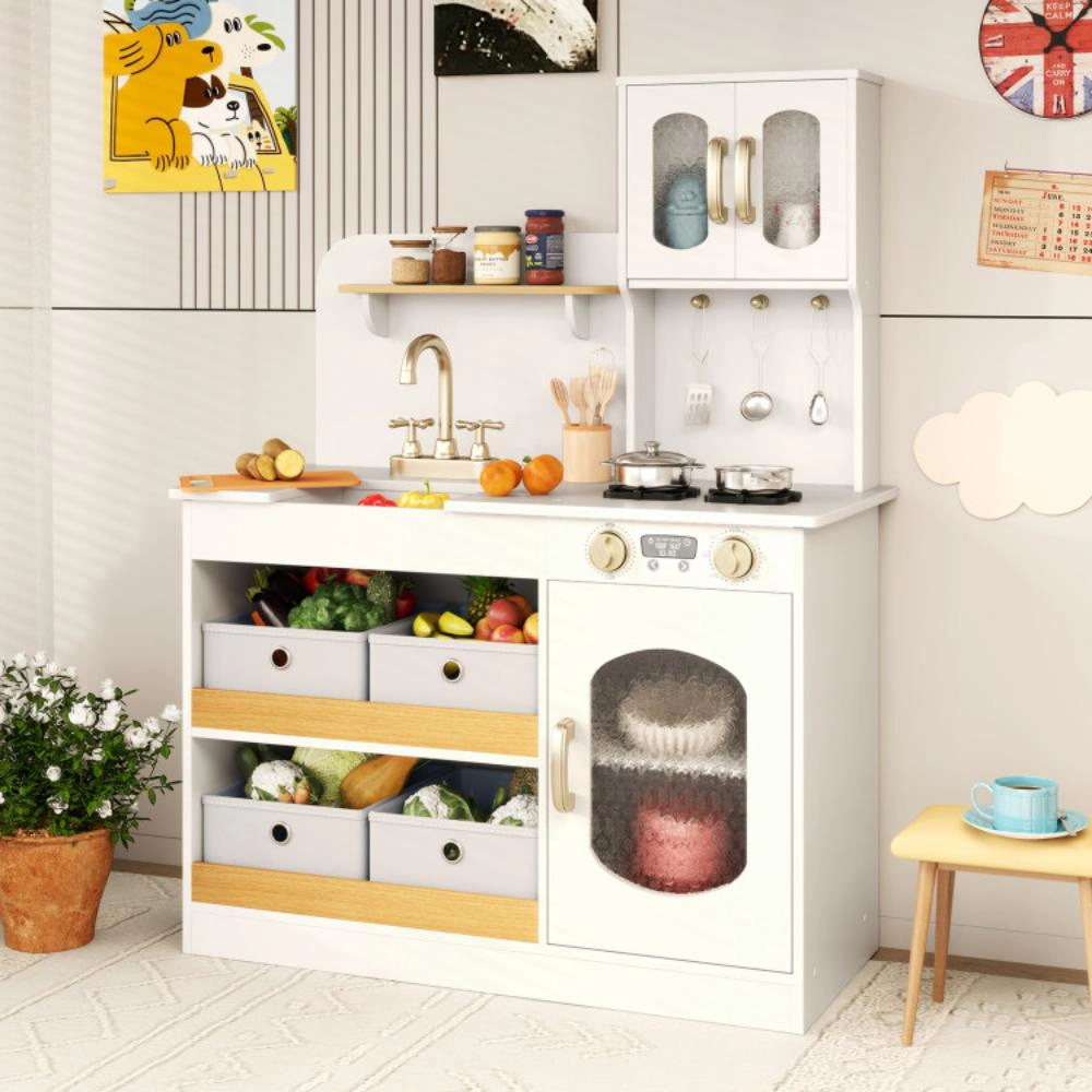 Hivvago Kids Kitchen Playset with Cooking Accessories and Toy Cuttable Veggies-White