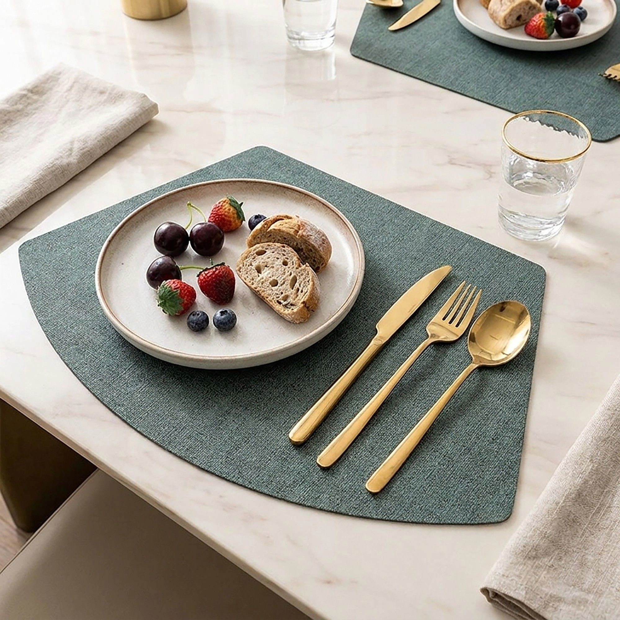Alilang Unisex 6 Piece Fan Shaped Faux Linen Placemat Set Waterproof Heat Resistant Table Mats for Dining Table