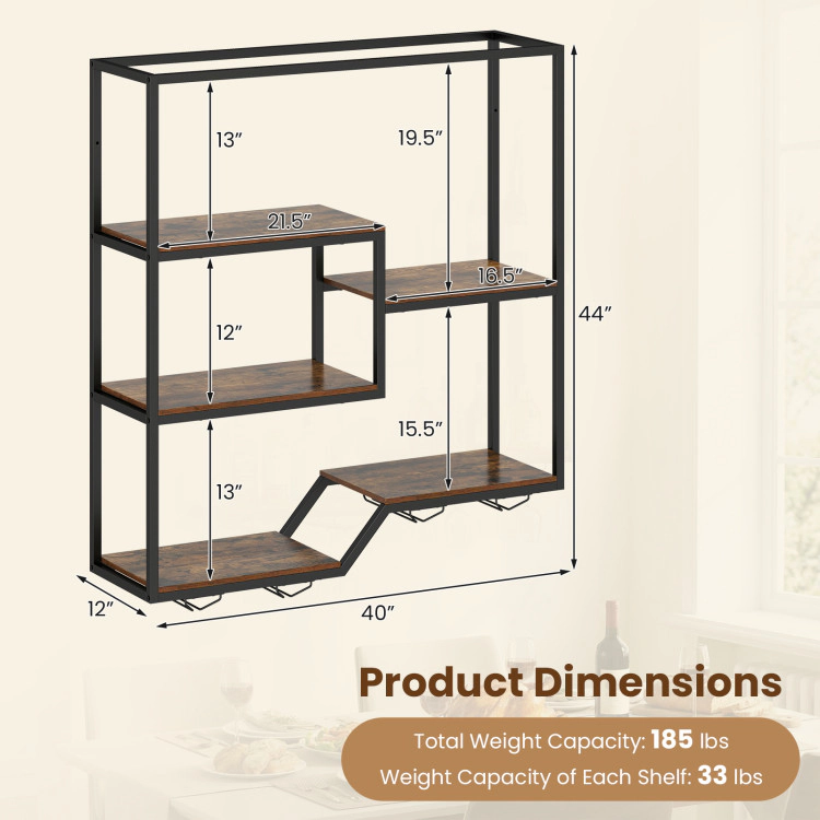 Hivvago Wall Mounted Wine Rack 6-Tier Hanging Bar Shelf with Bottle Display Shelf and Glass Holder