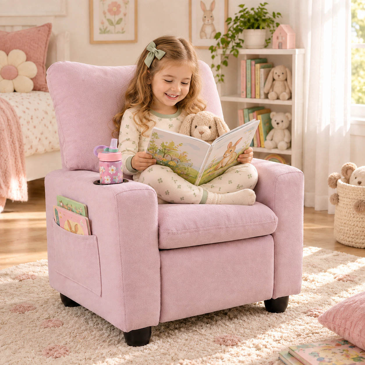 SUGIFT Kids Chenille Wide Armrests Cup Holder Push Back Recliner 24-in x 20.5-in x 30-in 150-lb Capacity Ages 3+ Pink