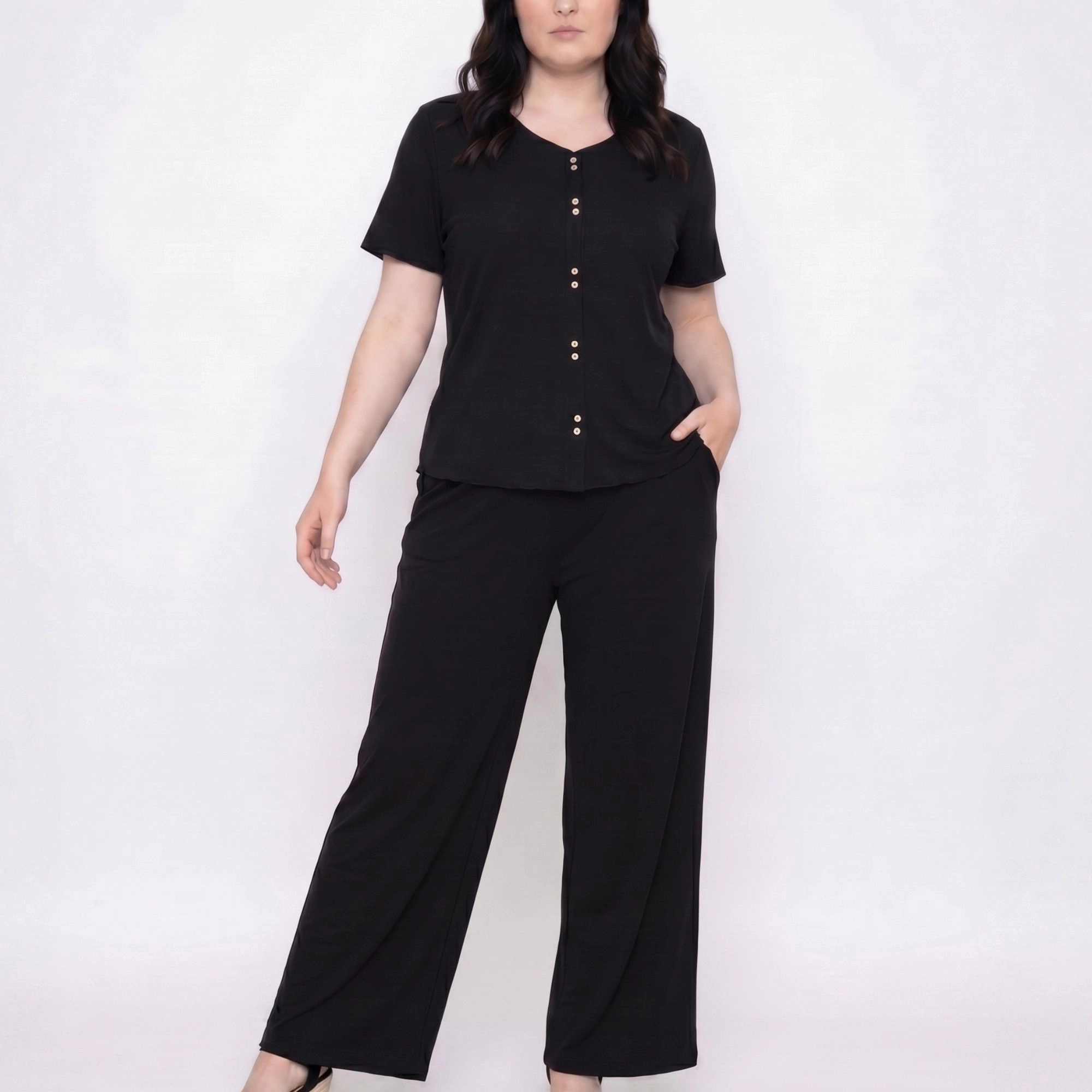 Anna-Kaci Women's Plus 2-Piece Short Sleeve Button Front Pajama Top and Wide Leg Pants Sleepwear Lounge Set