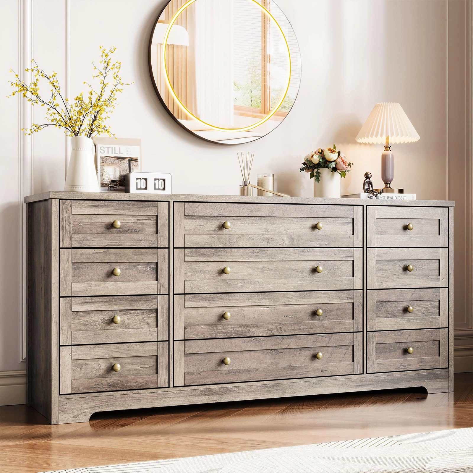 BebreezChic Modern 12-Drawer Wide Dresser TV Stand,GRAY