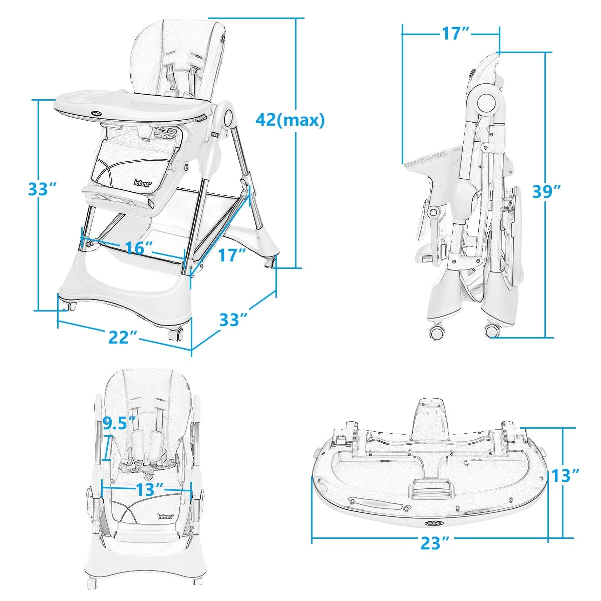 SUGIFT Foldable A-Shaped High Chair with 4 Lockable Wheels 50-lb Capacity Ages 0-36 Months 20.5-in Tray Black
