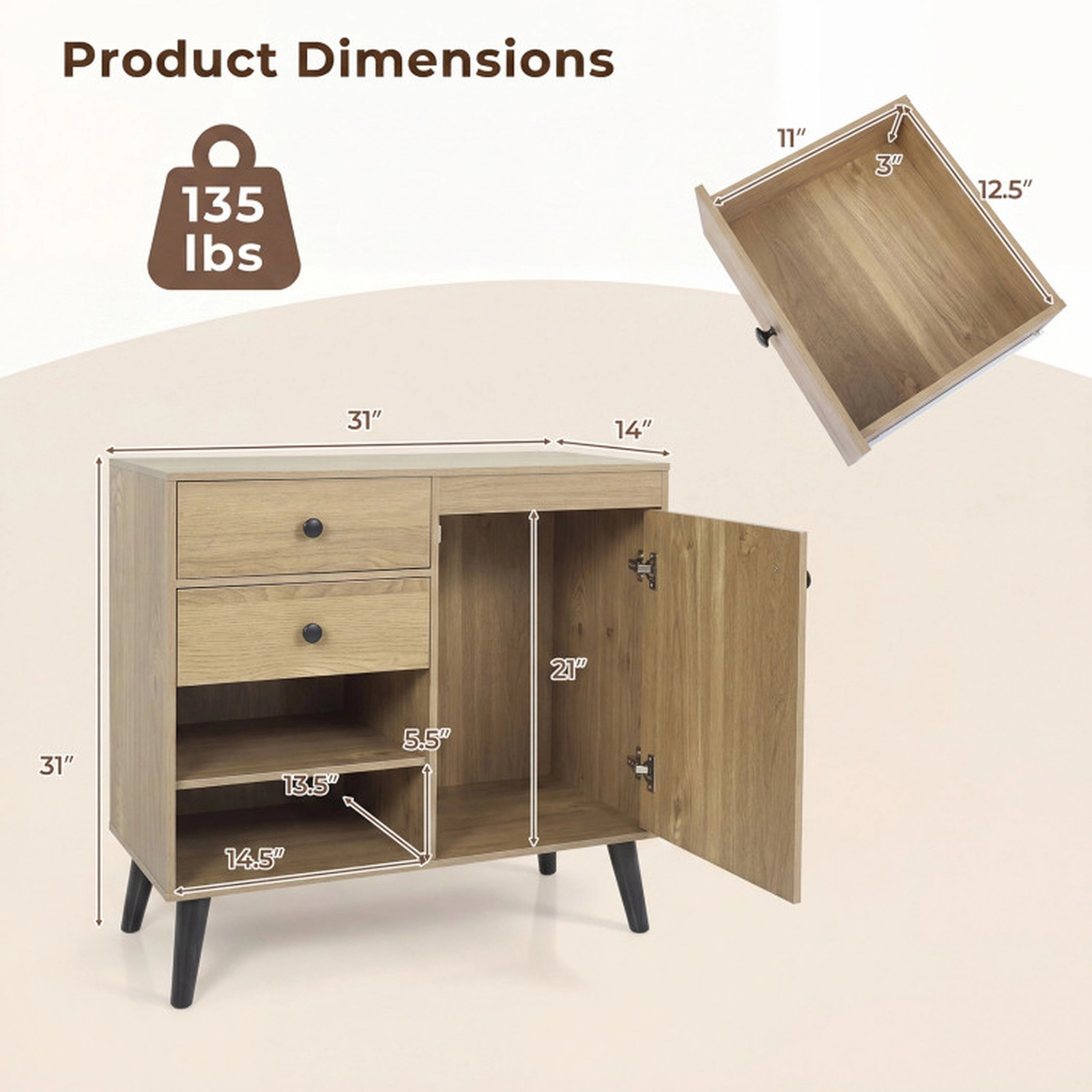 SUGIFT Set of 2 31-in 135-lb Capacity Natural Buffet Cabinets with 2 Drawers Open Compartments and Raised Legs