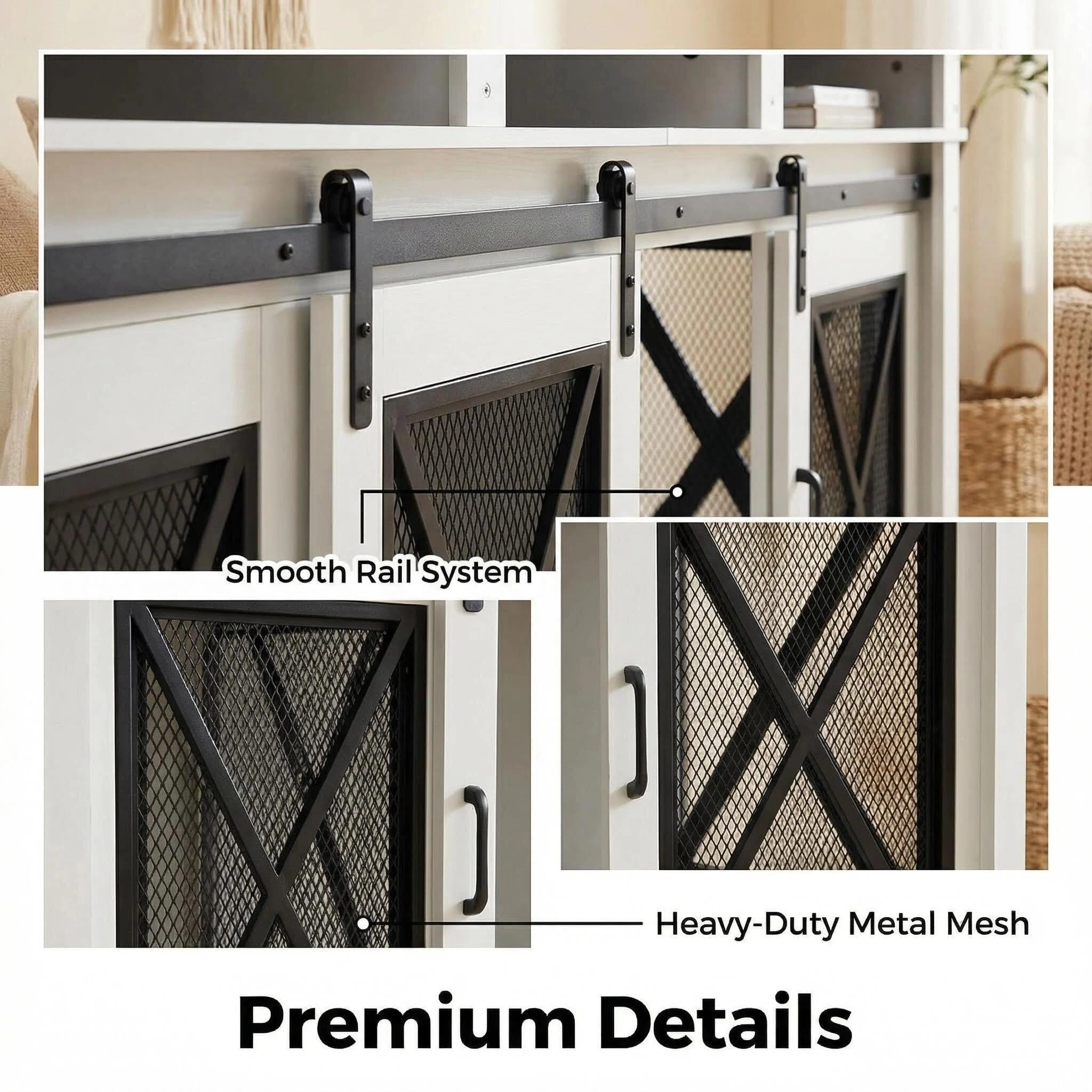71" Double Dog Crate Furniture, Heavy Duty Wood & Metal Kennel with Divider & Sliding Door, TV Stand