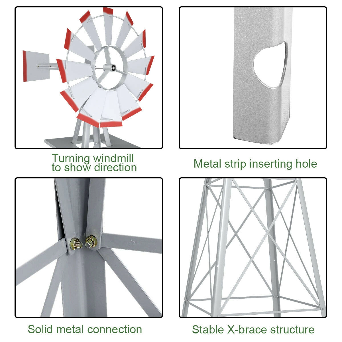 SUGIFT 8-ft Gray Metal Garden Windmill Weathervane with 12 Rotating Blades 26.5-in W 26.5-in D 100-in H