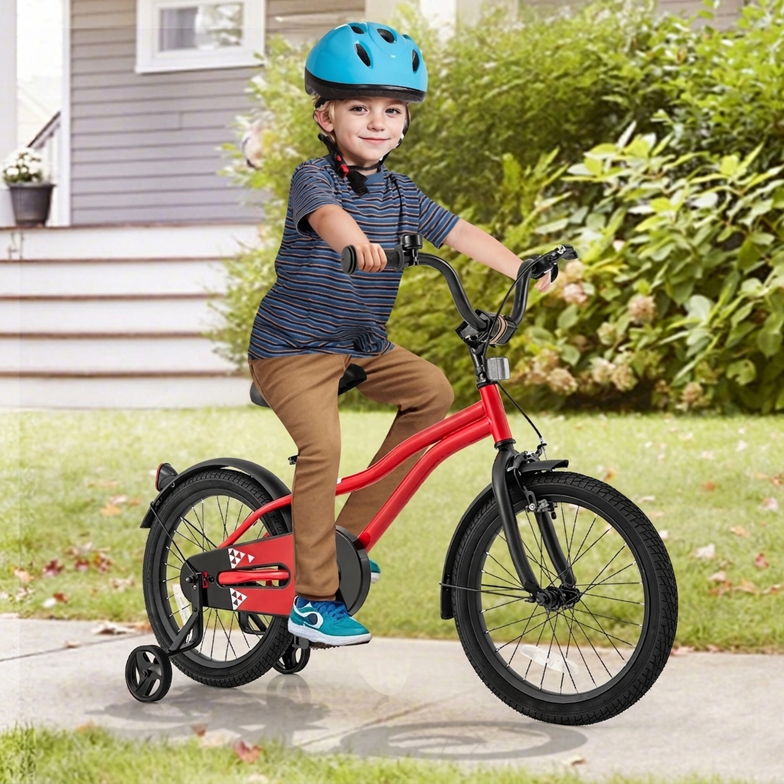 18-in Kids Bike Red Bicycle Quick Release Seat Detachable Training Wheels Puncture Resistant Tires Bell Ages 4-8