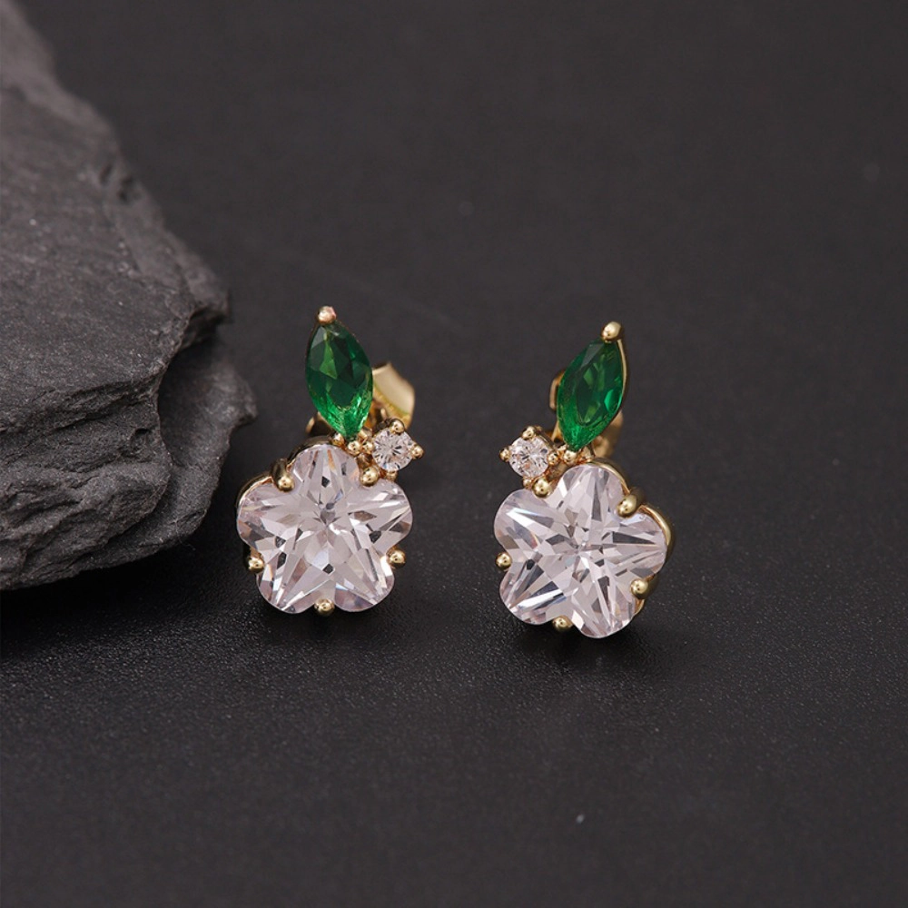 Flower Cubic Zirconia Stud Earring Gold Plated Emerald Leaf Crystal Dainty Earring