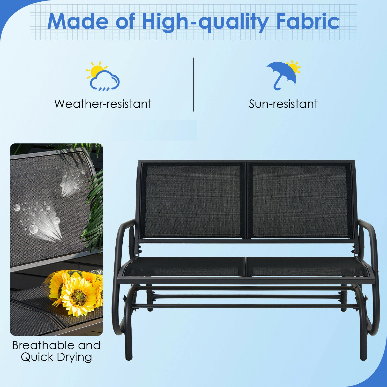 SUGIFT 48.5-in Steel Loveseat Glider Rocking Chair with Curved Back 400-lb Capacity Outdoor Lounge Seat Black