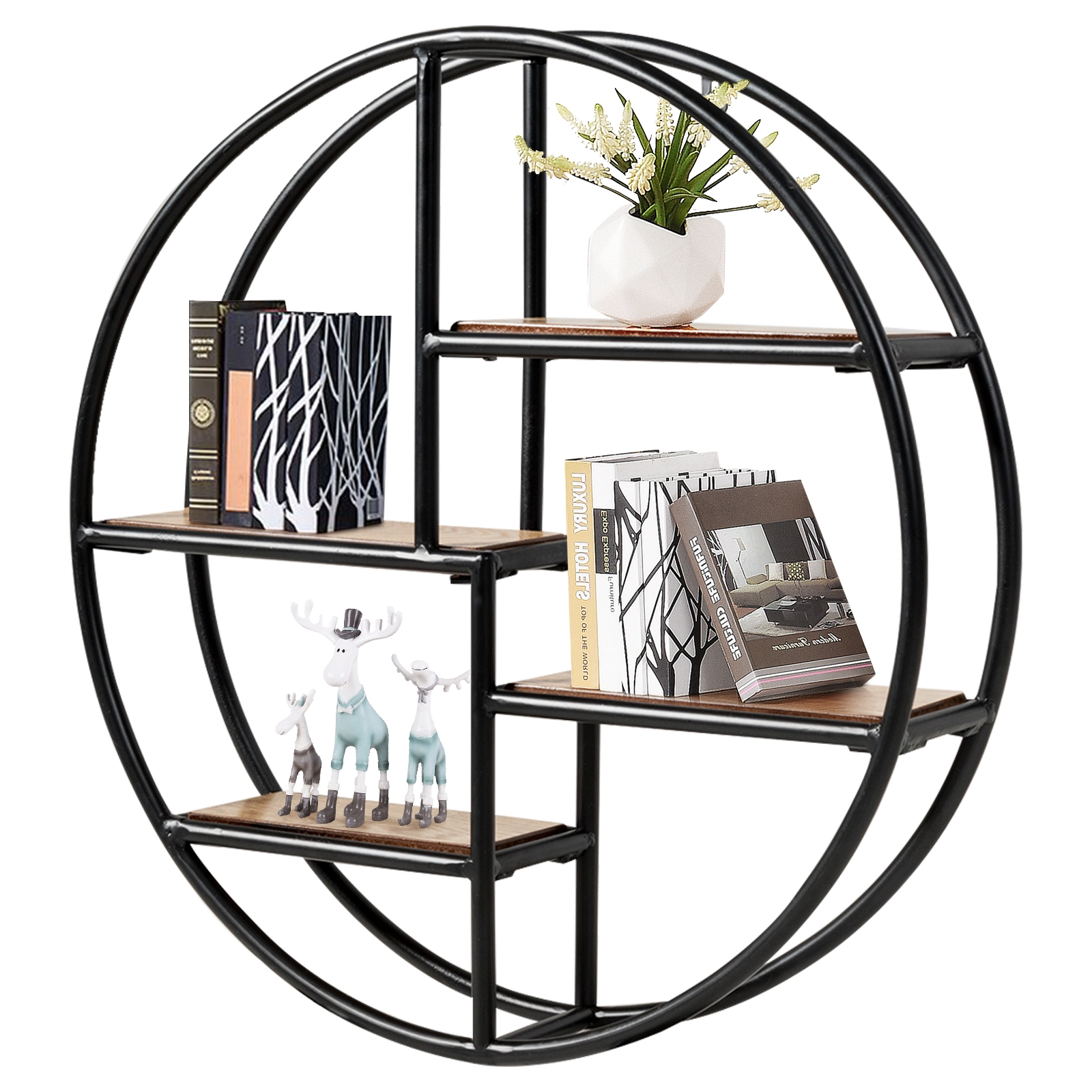 SUGIFT Round Wall-Mounted 4-Tier Hanging Storage Shelf Bookcase 22-in Wide Black