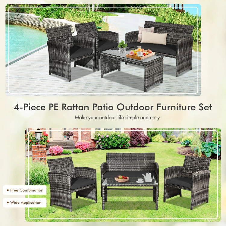 Hivvago 4 Pieces Patio Rattan Furniture Set With Glass Table And Loveseat
