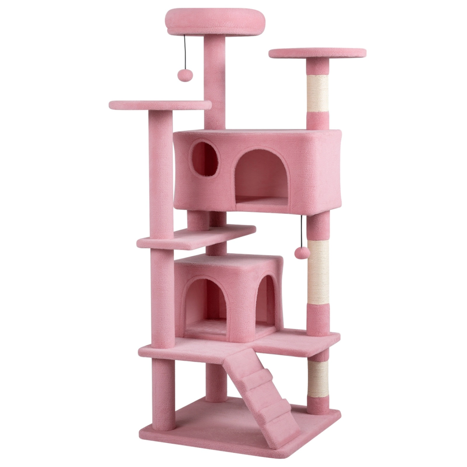 SUGIFT 52-in Pink Cat Tree Tower with Thick Padded 12-in Top Perch 2 Caves and Sisal Posts for Indoor Cats