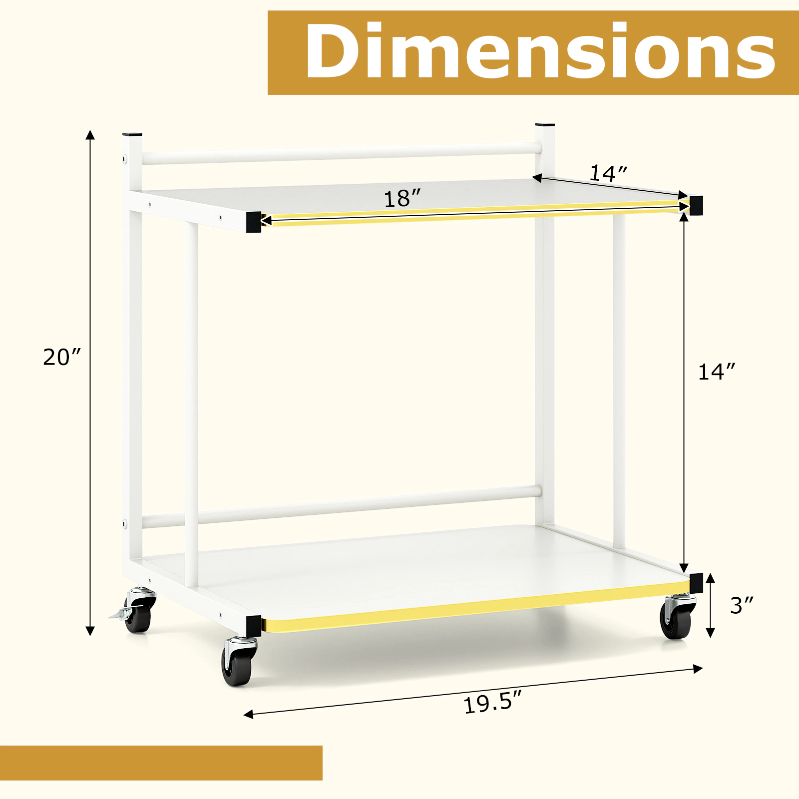 Glintex Mobile 2-Tier C-Shaped Side Table with Gold Trim and Anti-Drop Guardrails, White