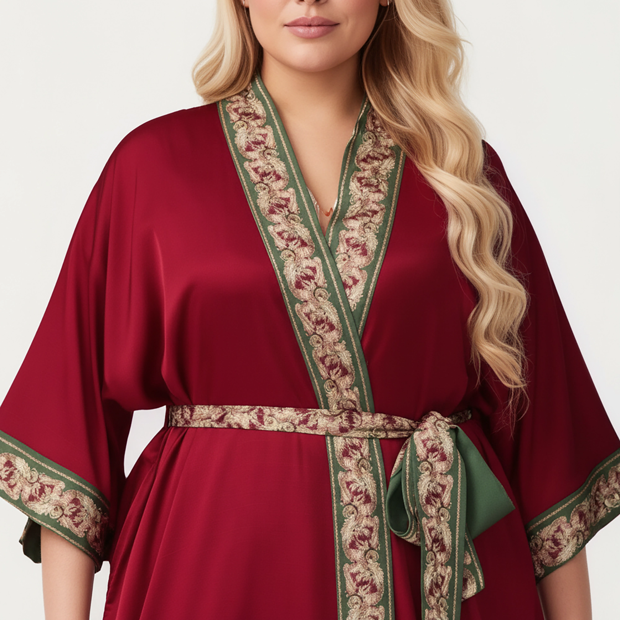 Anna-Kaci Women's Plus Size Long Robe with Decorative Trim Detailing and Soft Flowing Fabric