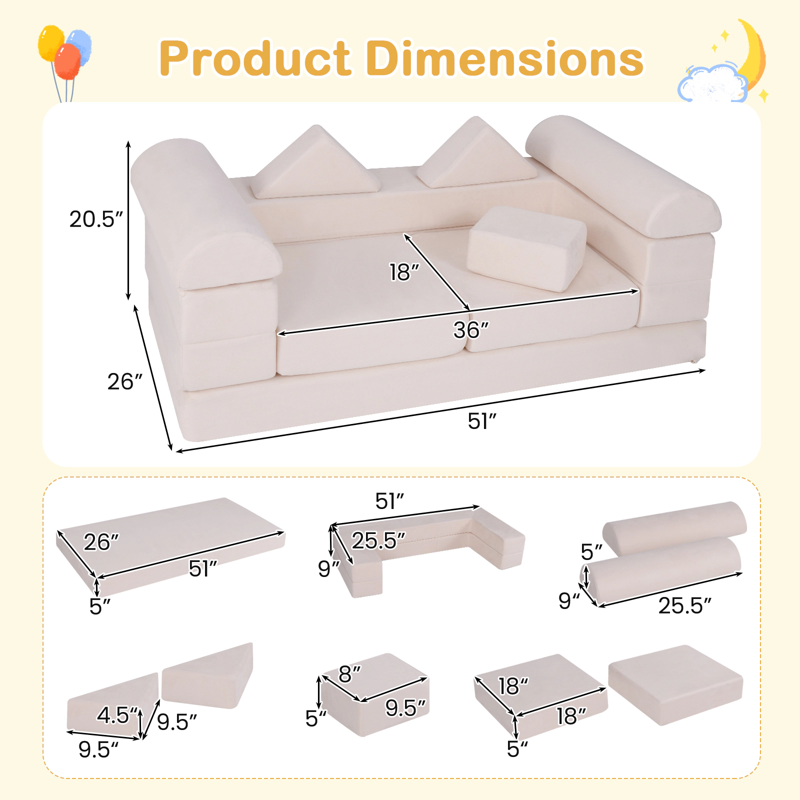 SUGIFT Beige 9-Piece Foam Kids Climber with Breathable Suede Cover and Stackable Pieces 51-in W 26-in D 20.5-in H