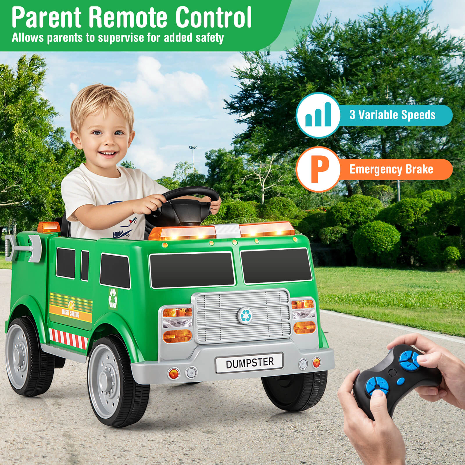 Costway Ride on Garbage Truck with Remote Control Trash Bin Shovel Lights Sound Effects