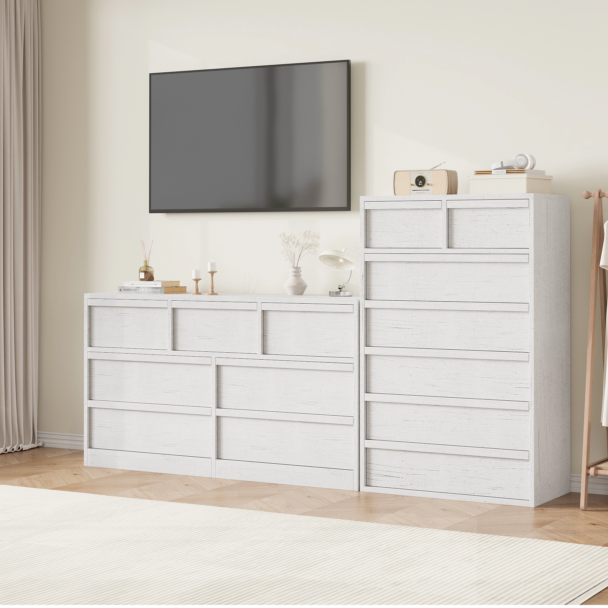 BebreezChic 7-Drawer Wide Dresser 54"L×15.9"W×30.6"H Wood Color Engineered Chest of Drawers