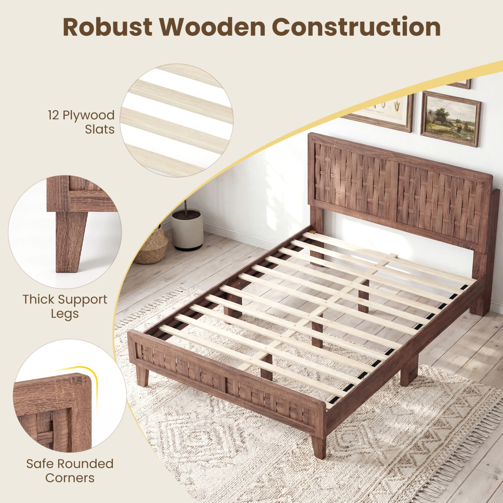 SUGIFT Mid Century Full Size Bed Frame with Woven Accent Headboard 705-lb Capacity Walnut Finish