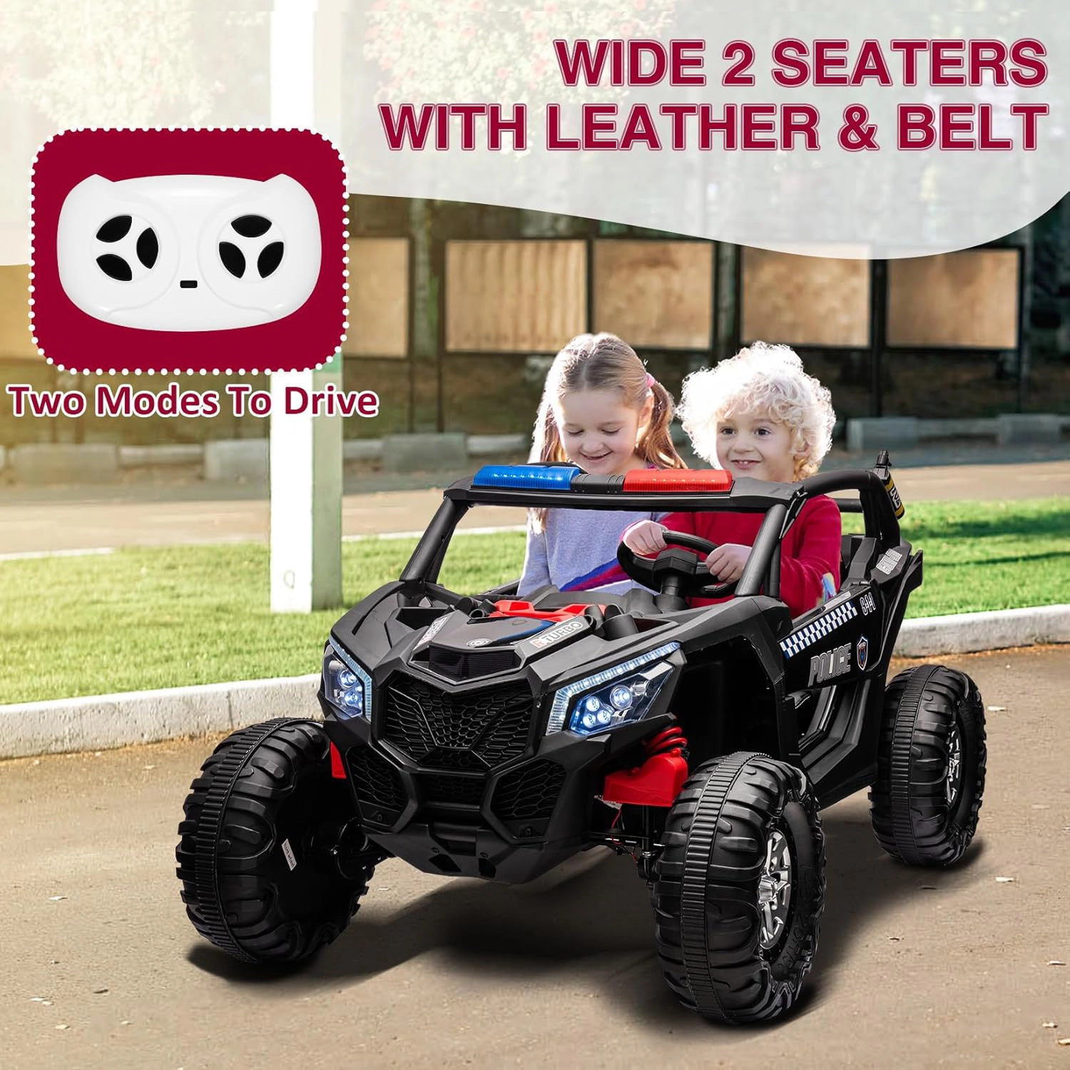 Enjyam 24V 2-Seater Kids UTV, 4WD Ride On Car w/Remote, 4×75W Motors, Leather Seats, Suspension, Music & LED Lights