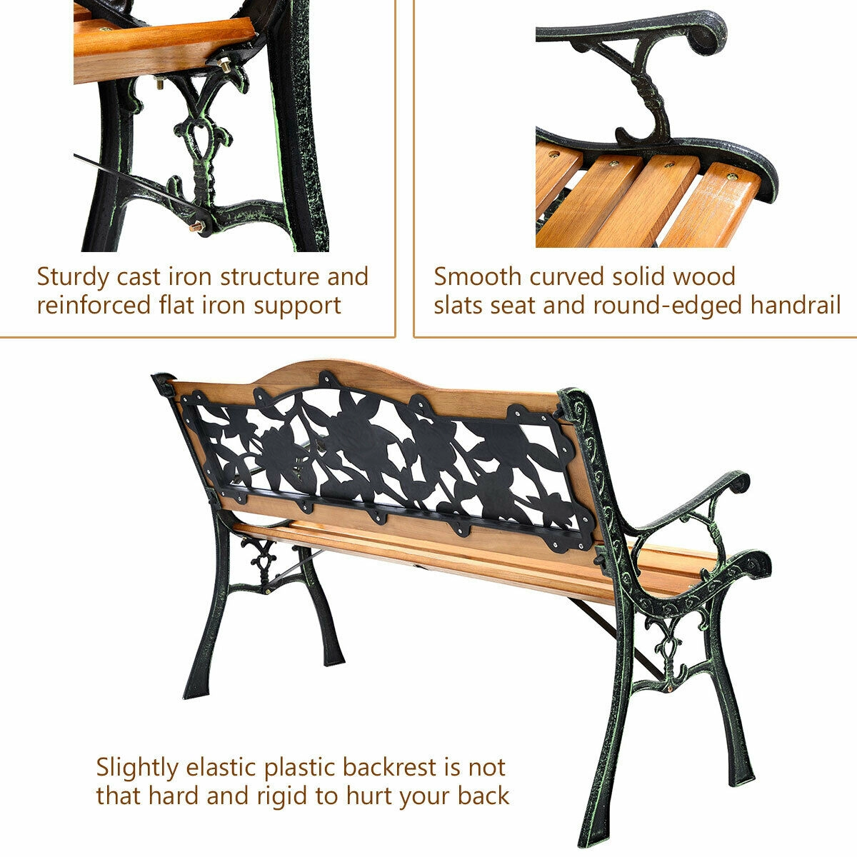 Hivvago Garden Bench Chair Outdoor Wooden Loveseat With Iron Armrest