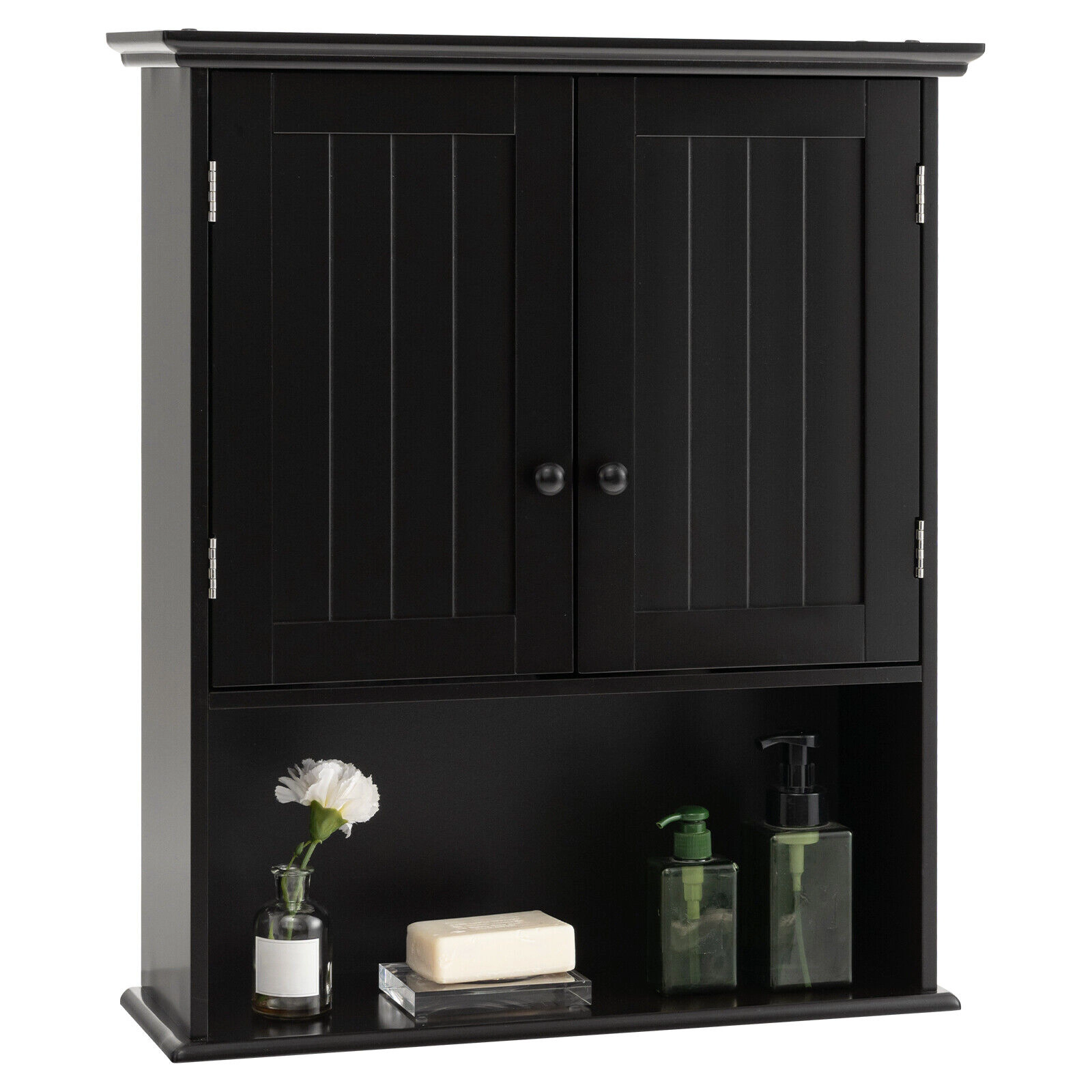 SUGIFT Adjustable 2-Door Wall Mount Bathroom Storage Cabinet with Open Shelf 11-lb Capacity MDF 23.5-in Wide Black